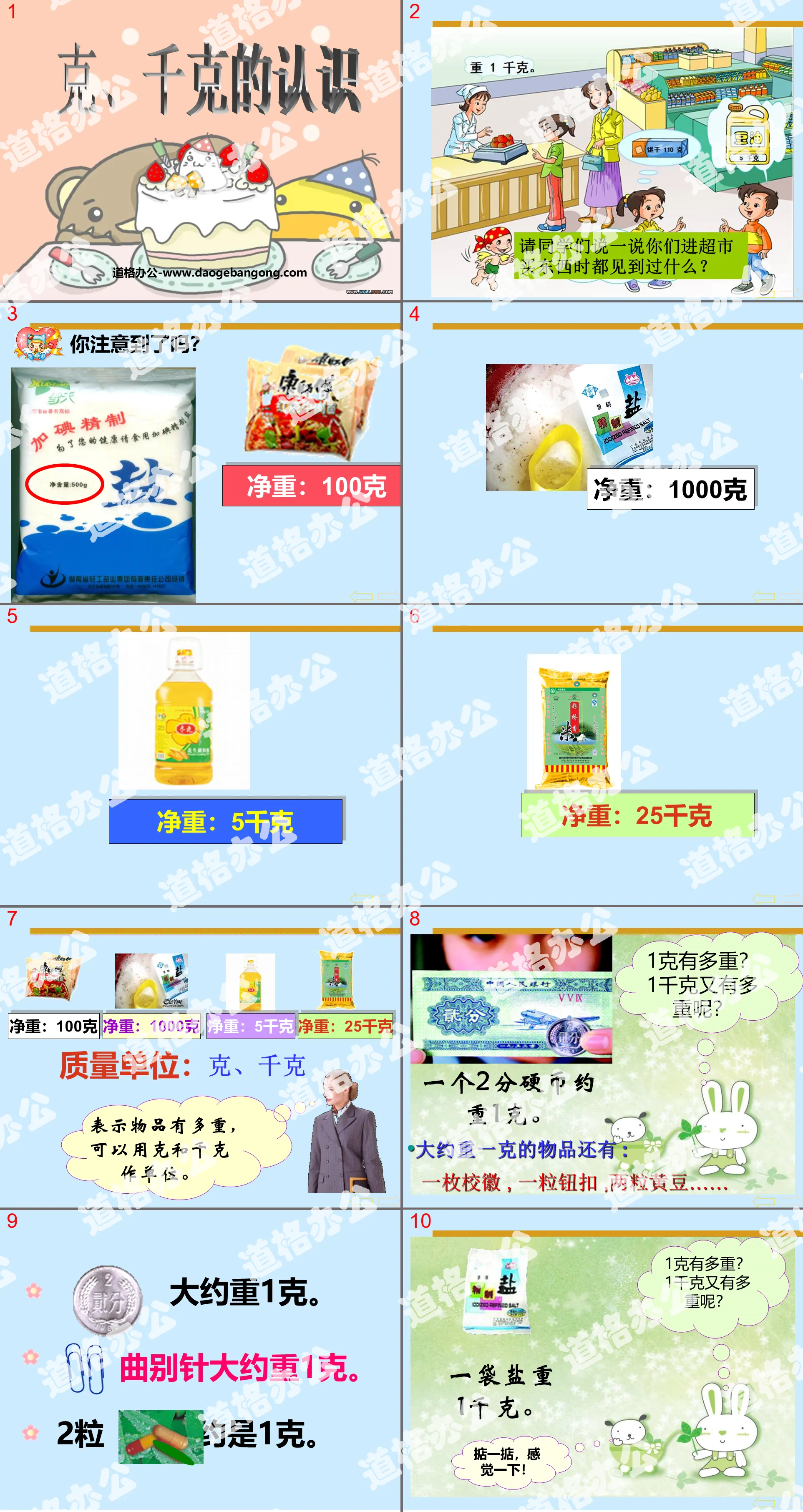 "Understanding of grams and kilograms" PPT courseware on understanding of grams, kilograms and tons