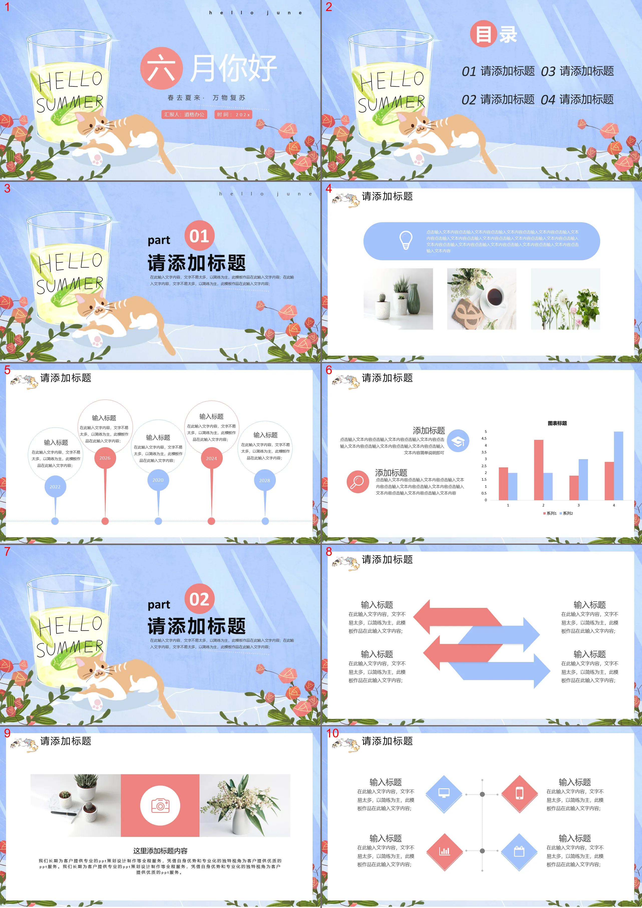 柠檬水猫咪花朵背景的六月你好PPT模板下载