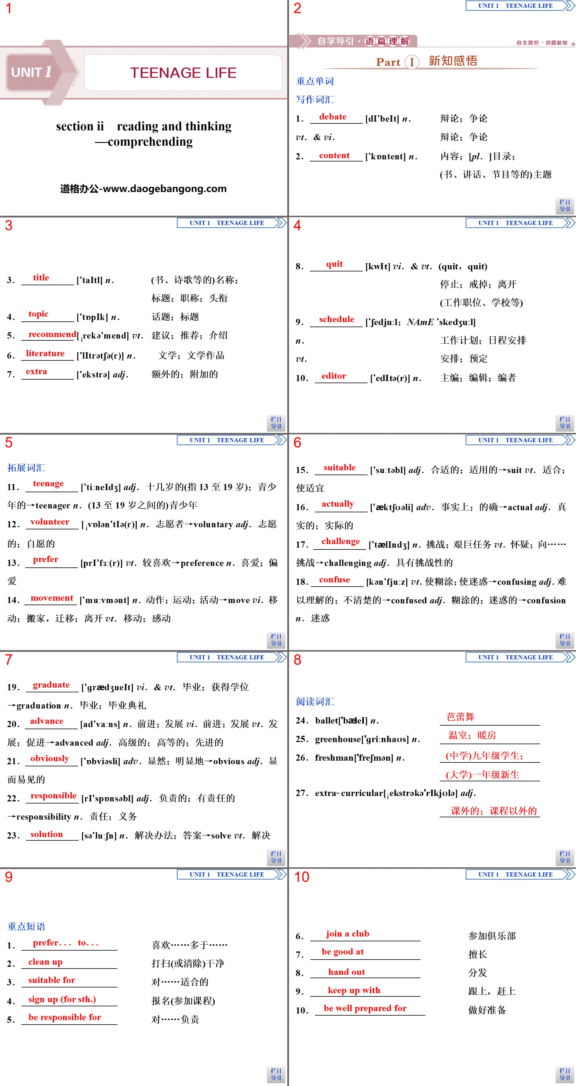 《Teenage Life》Reading and Thinking PPT下载
