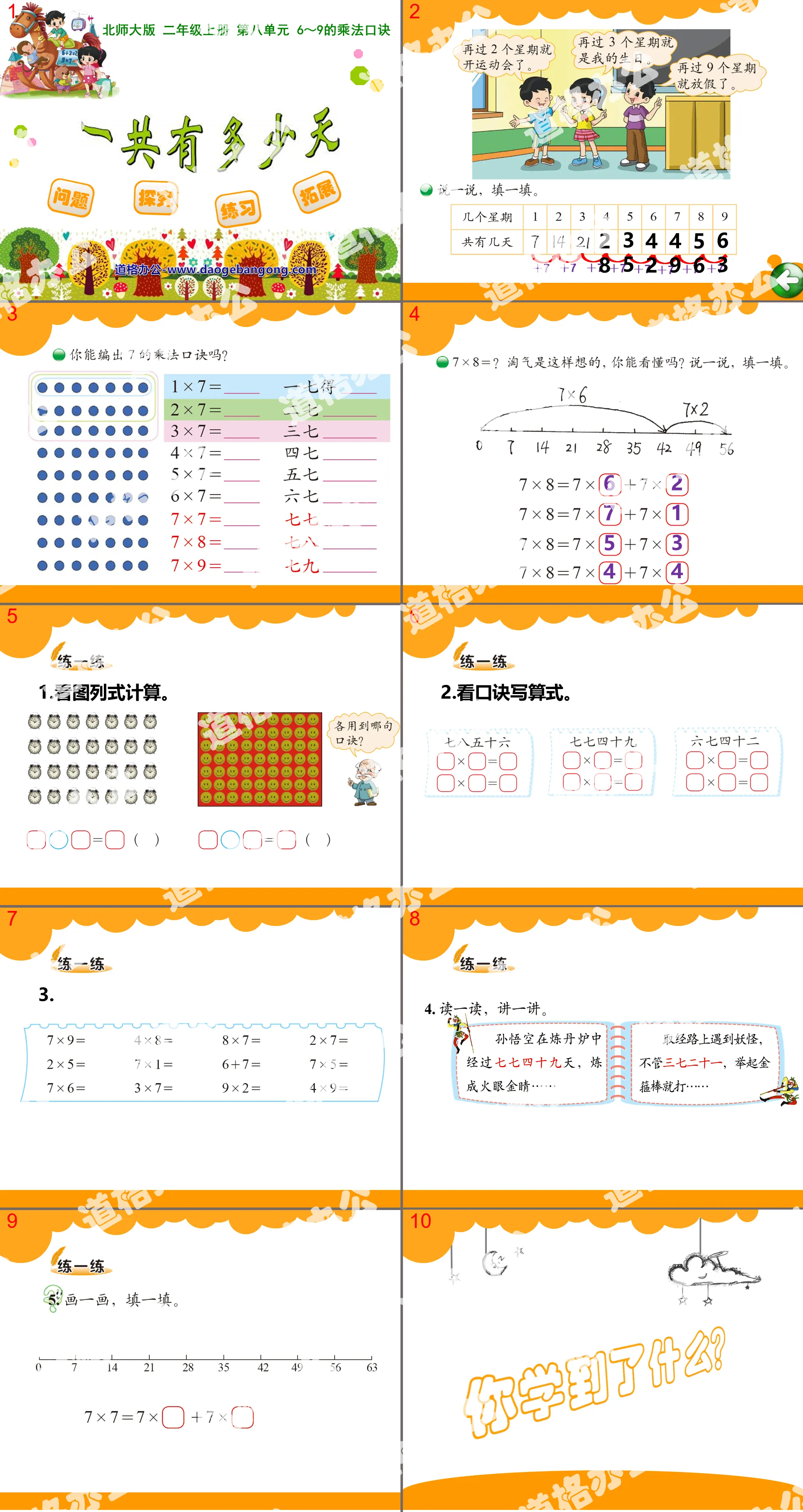 "How many days are there in total" PPT courseware for multiplication tables from 6 to 9