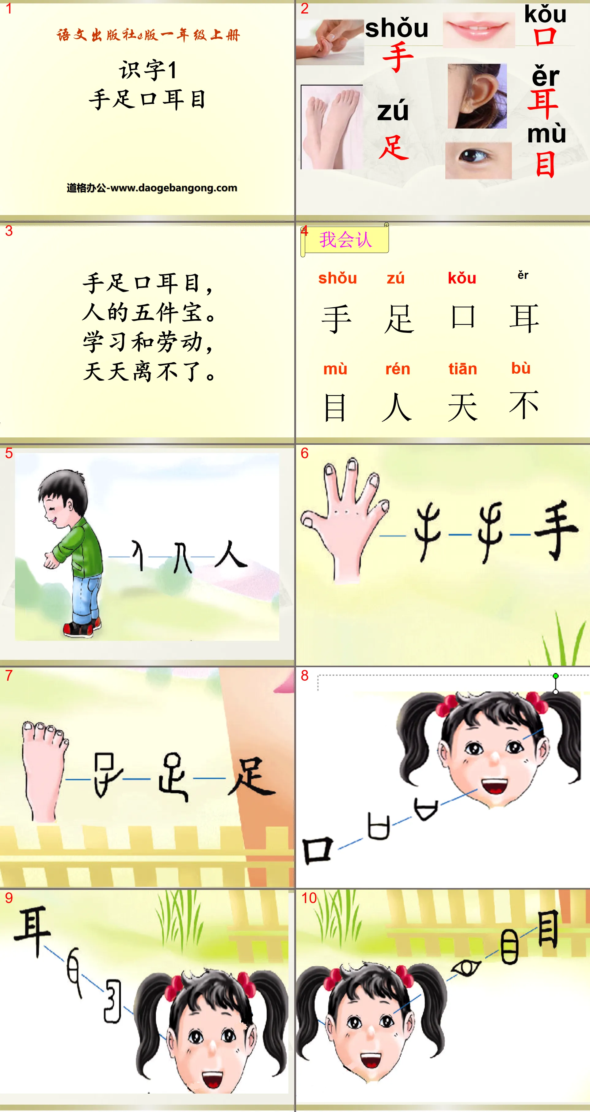 "Hands, Foot, Mouth, Ears and Eyes" Literacy PPT Courseware 3