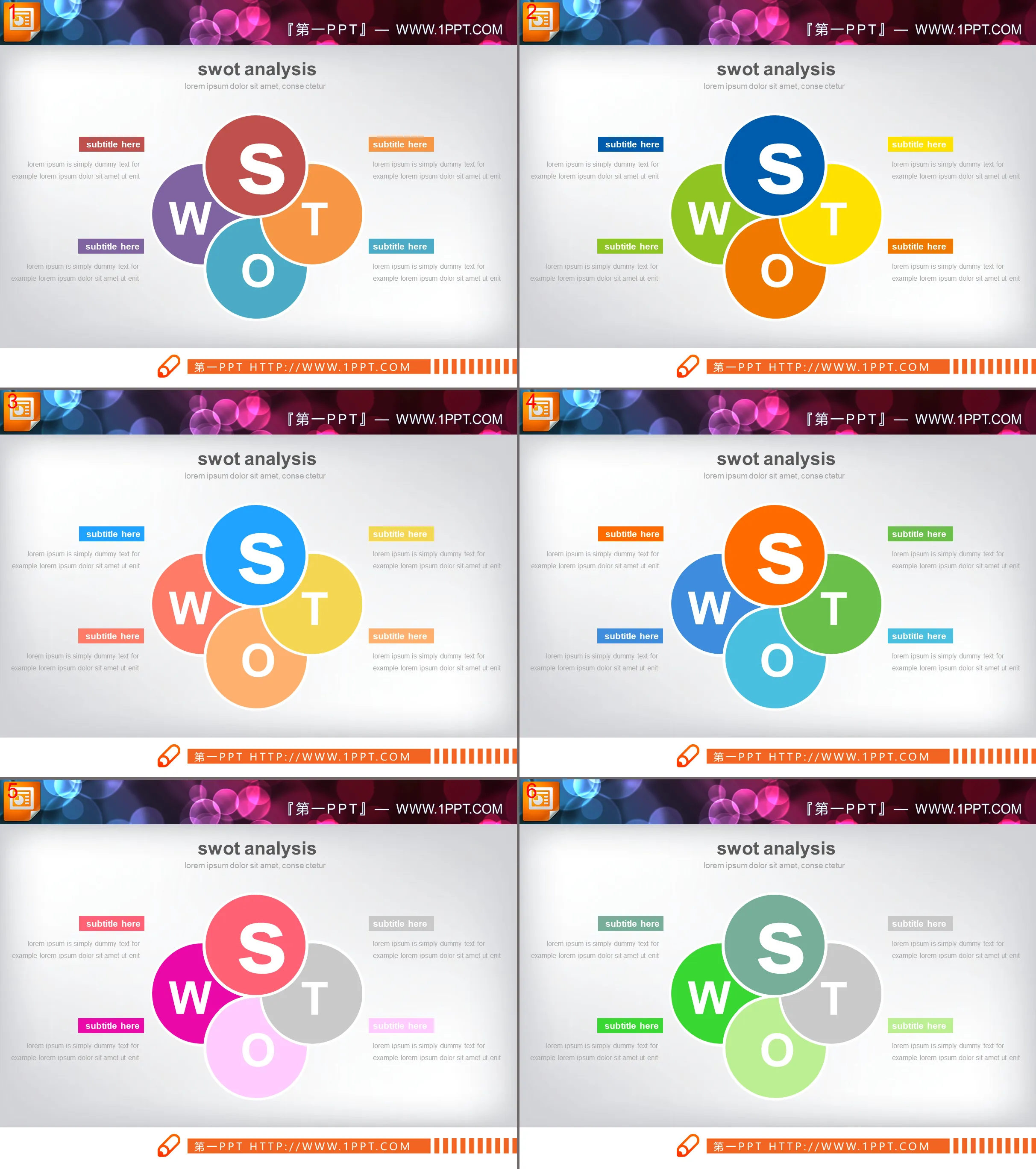 SWOT analysis PPT chart of 6 colors