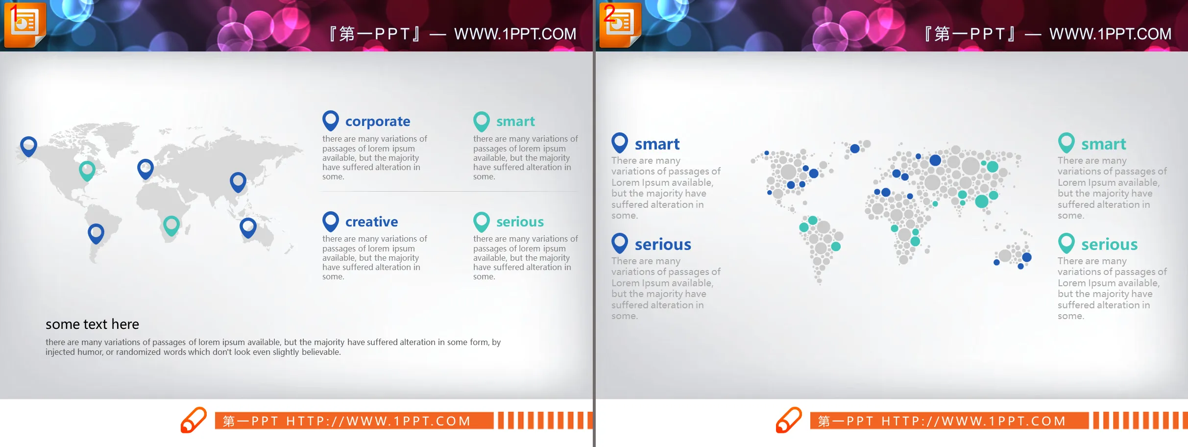 Two blue and gray business style world map PPT charts