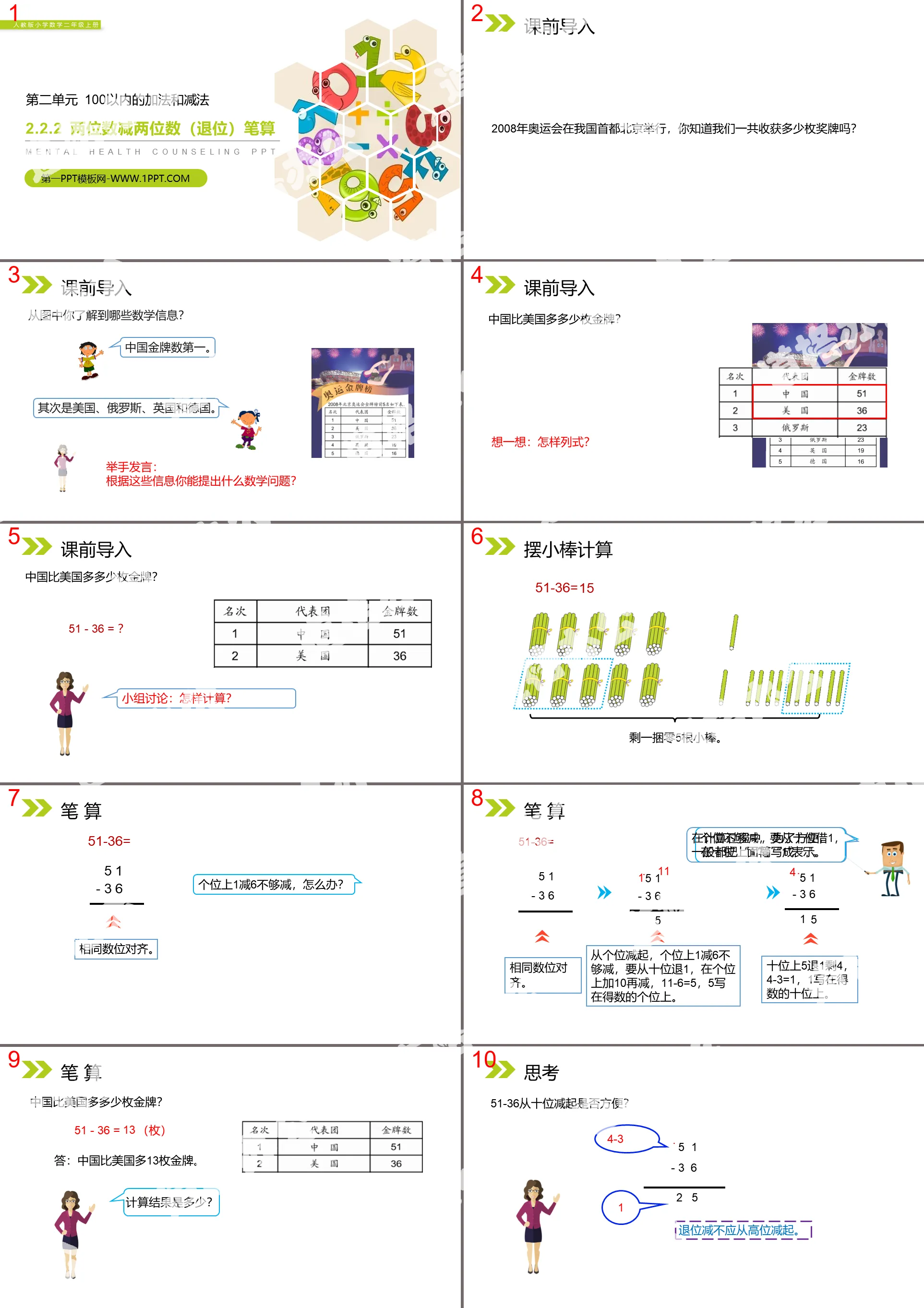 《兩位數減兩位數（退位）筆算》PPT課件