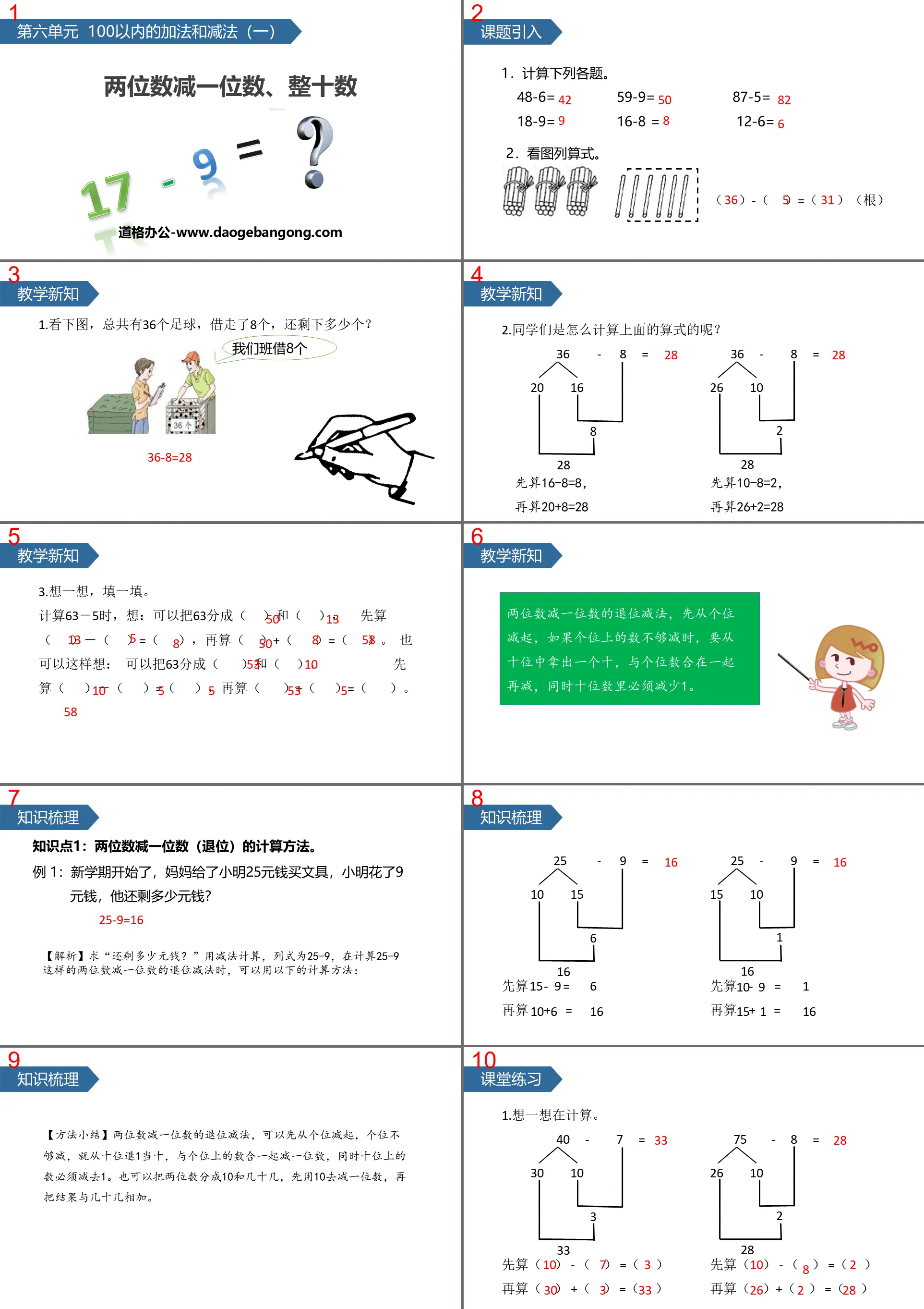 《兩位數減一位數、整十數》100以內的加法與減法PPT下載