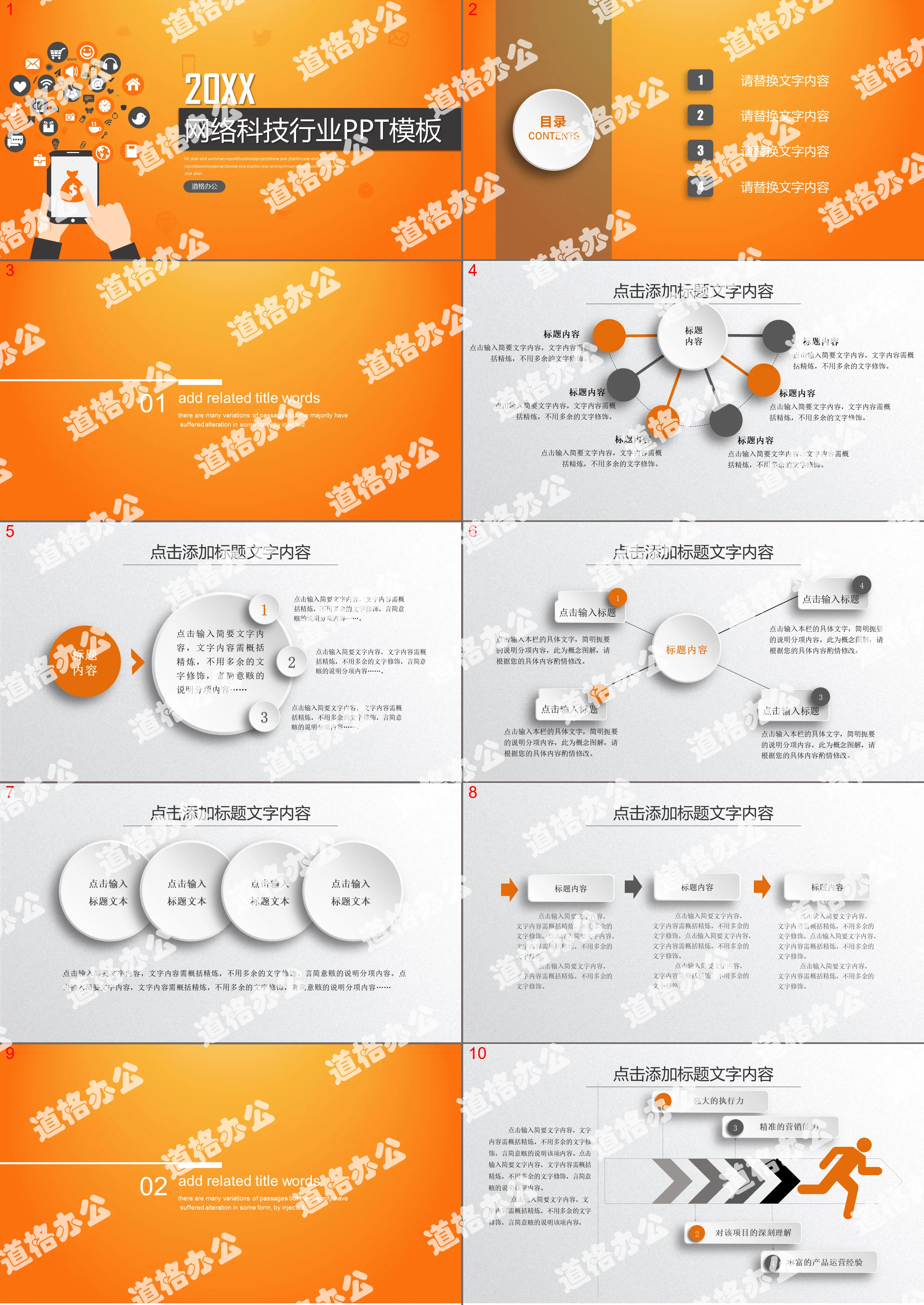 橙色扁平化網絡科技PPT模板