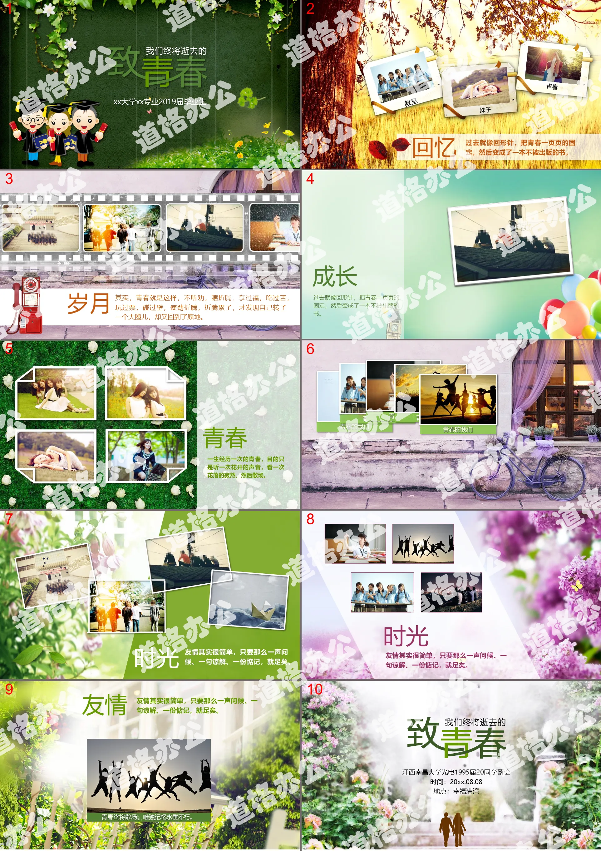 "To Youth" classmate photo album PPT template with green vine background