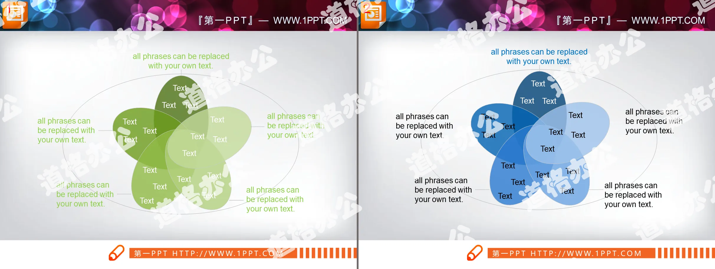 Two five-item cross-relationship Venn diagrams PPT charts