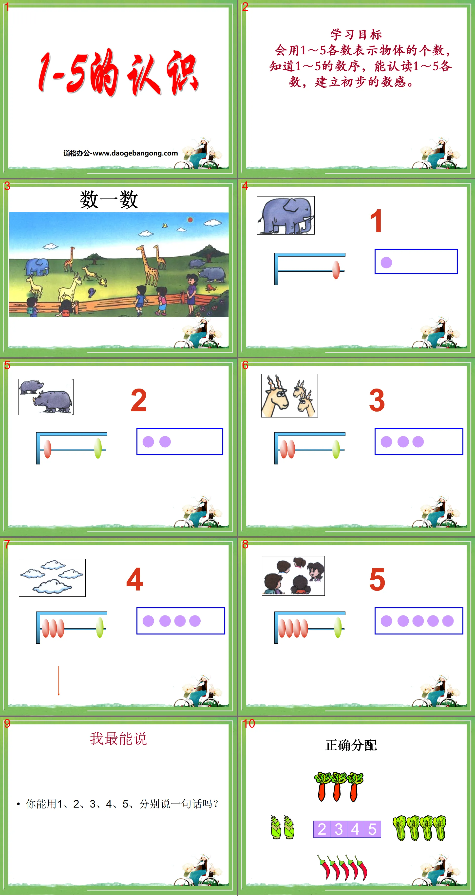 "Understanding of 1 to 5" PPT courseware for understanding numbers within 10