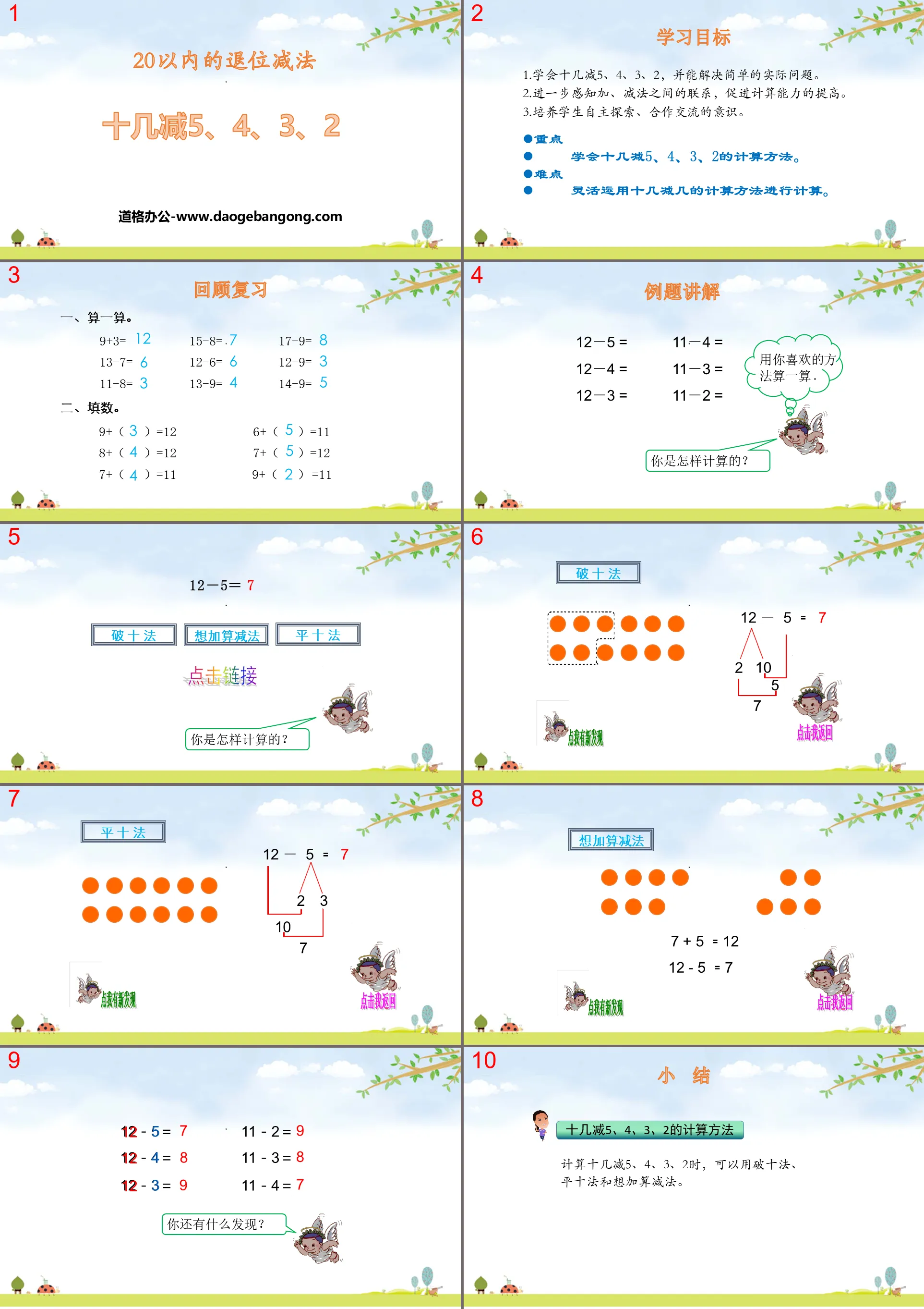 "Ten minus 5, 4, 3, 2" Subtraction within 20 PPT courseware download