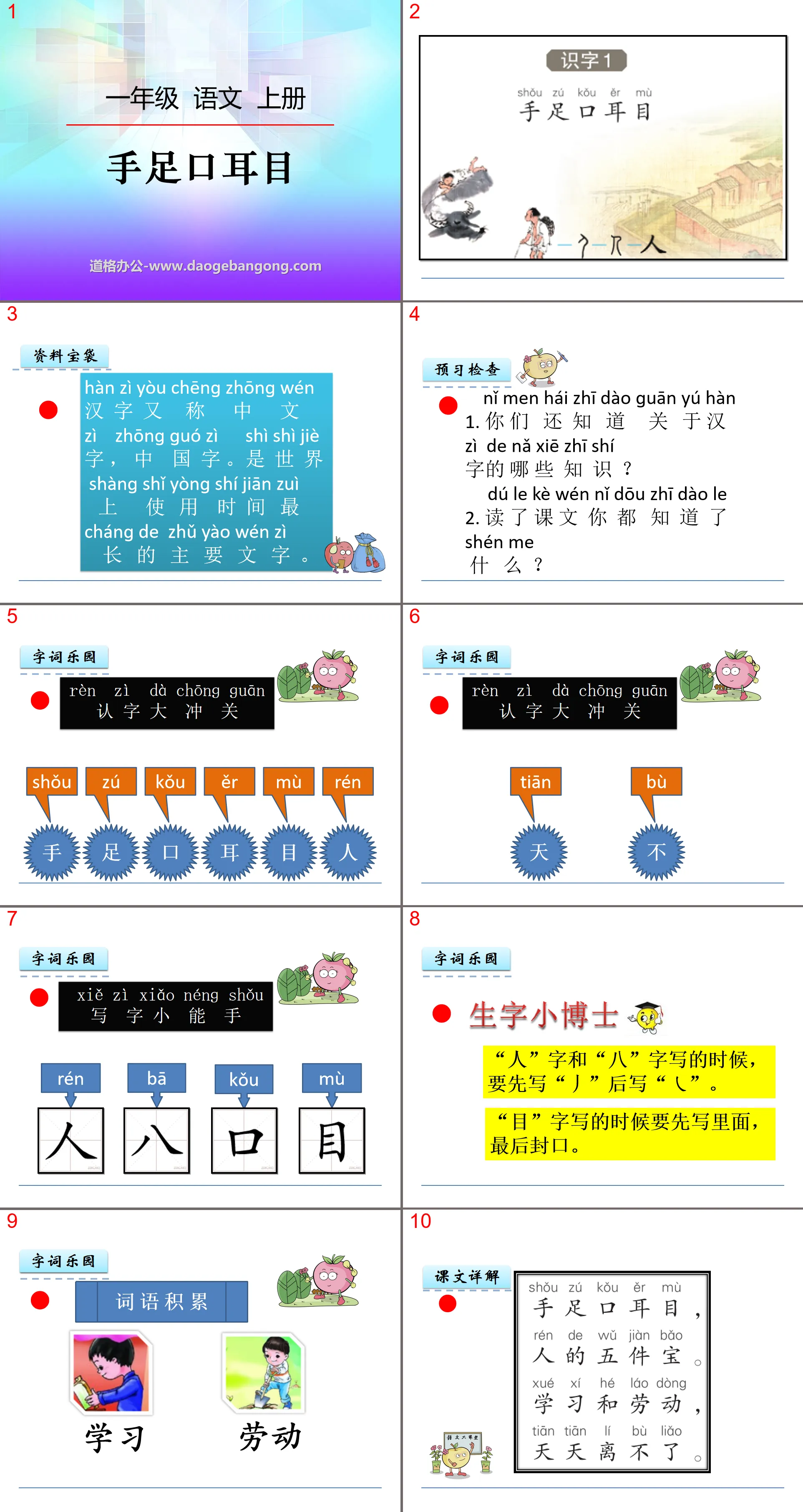 "Hands, Foot, Mouth, Ears and Eyes" Literacy PPT Courseware