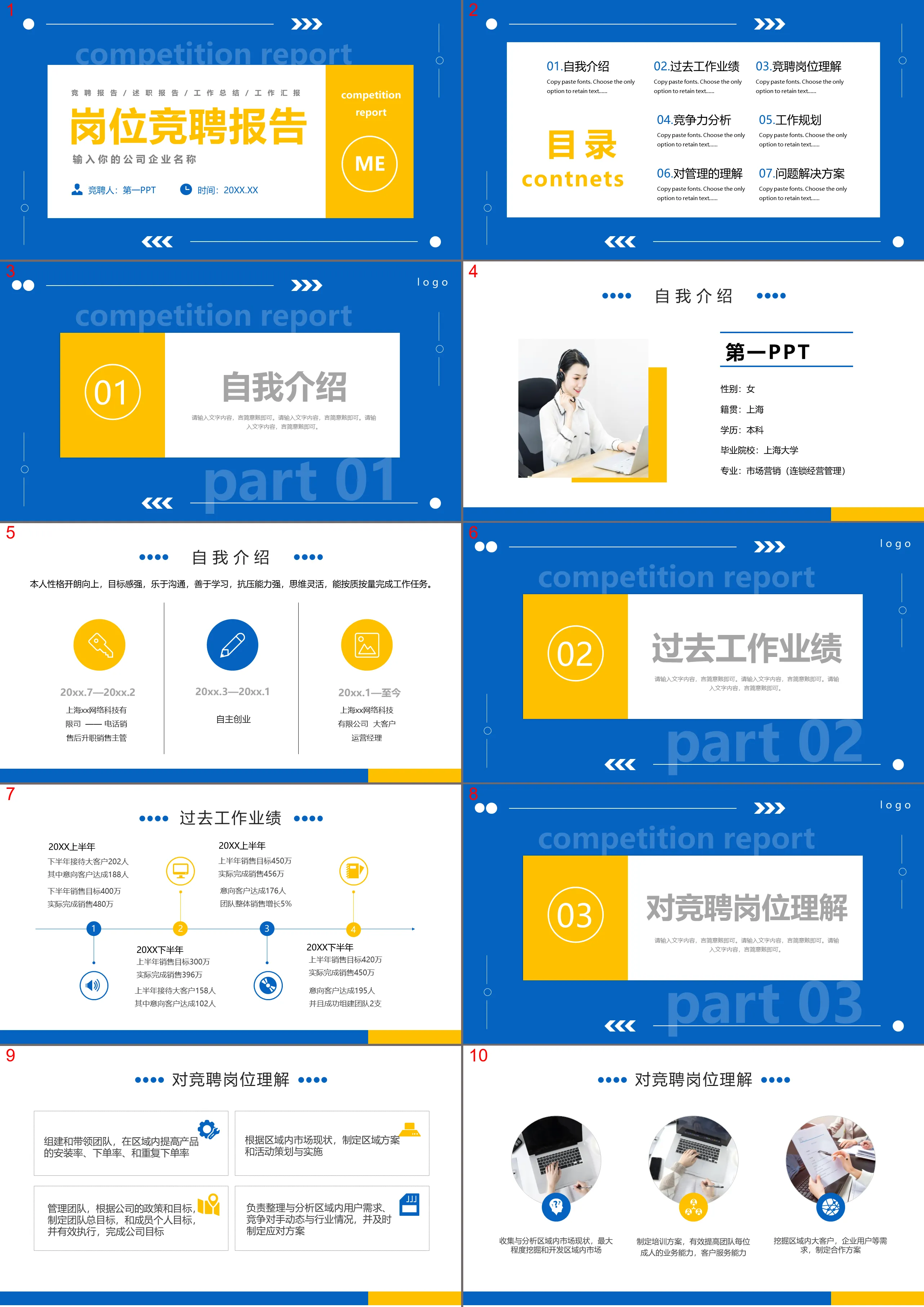 Job competition report PPT template with detailed blue and yellow color content