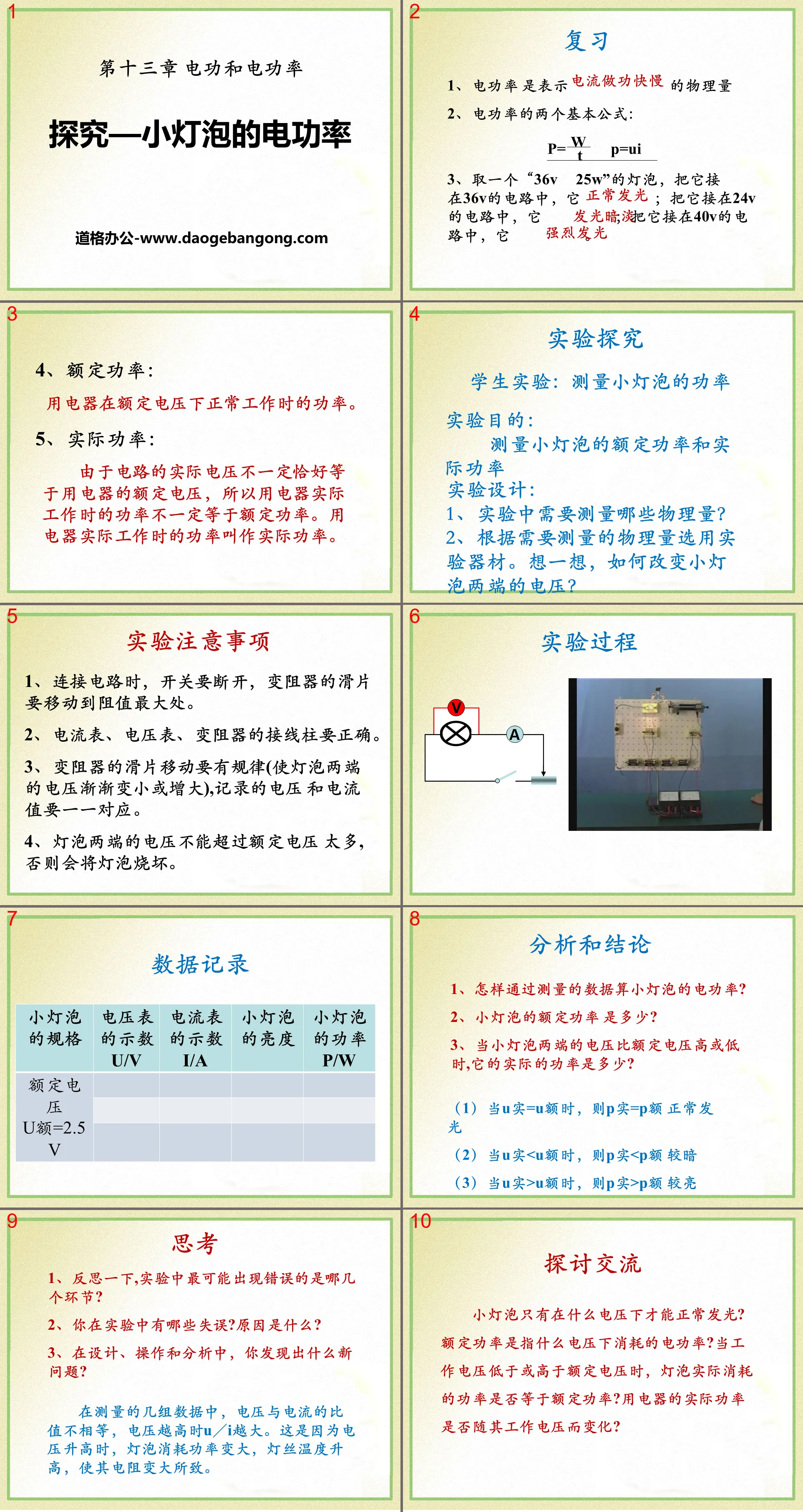 "Exploration - The Electric Power of a Small Light Bulb" PPT Courseware on Electric Work and Electric Power