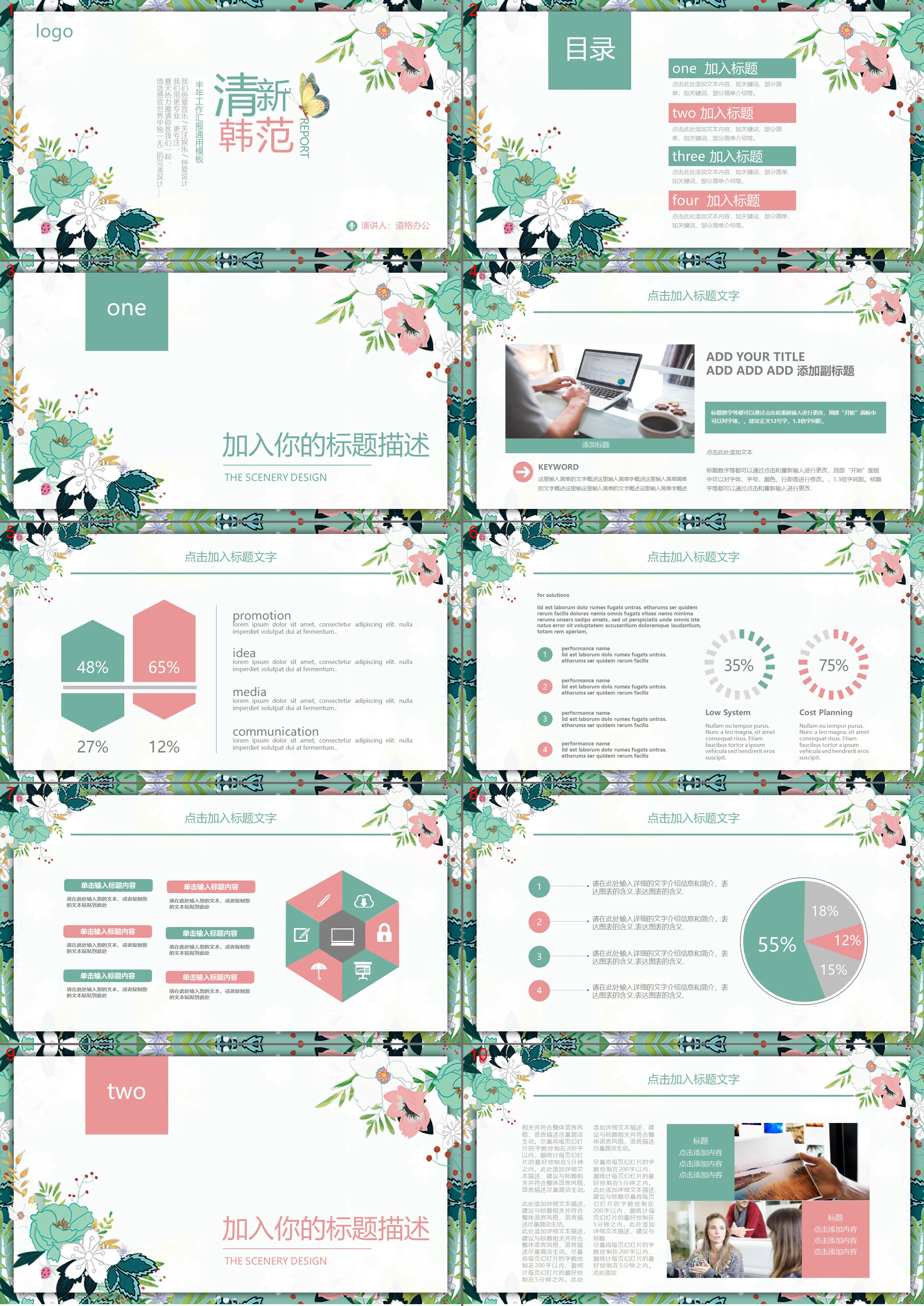 清新韩范花卉背景的工作汇报PPT模板