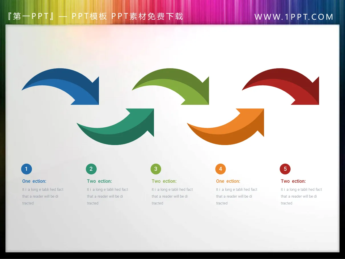 Three colored five data items PPT arrow material