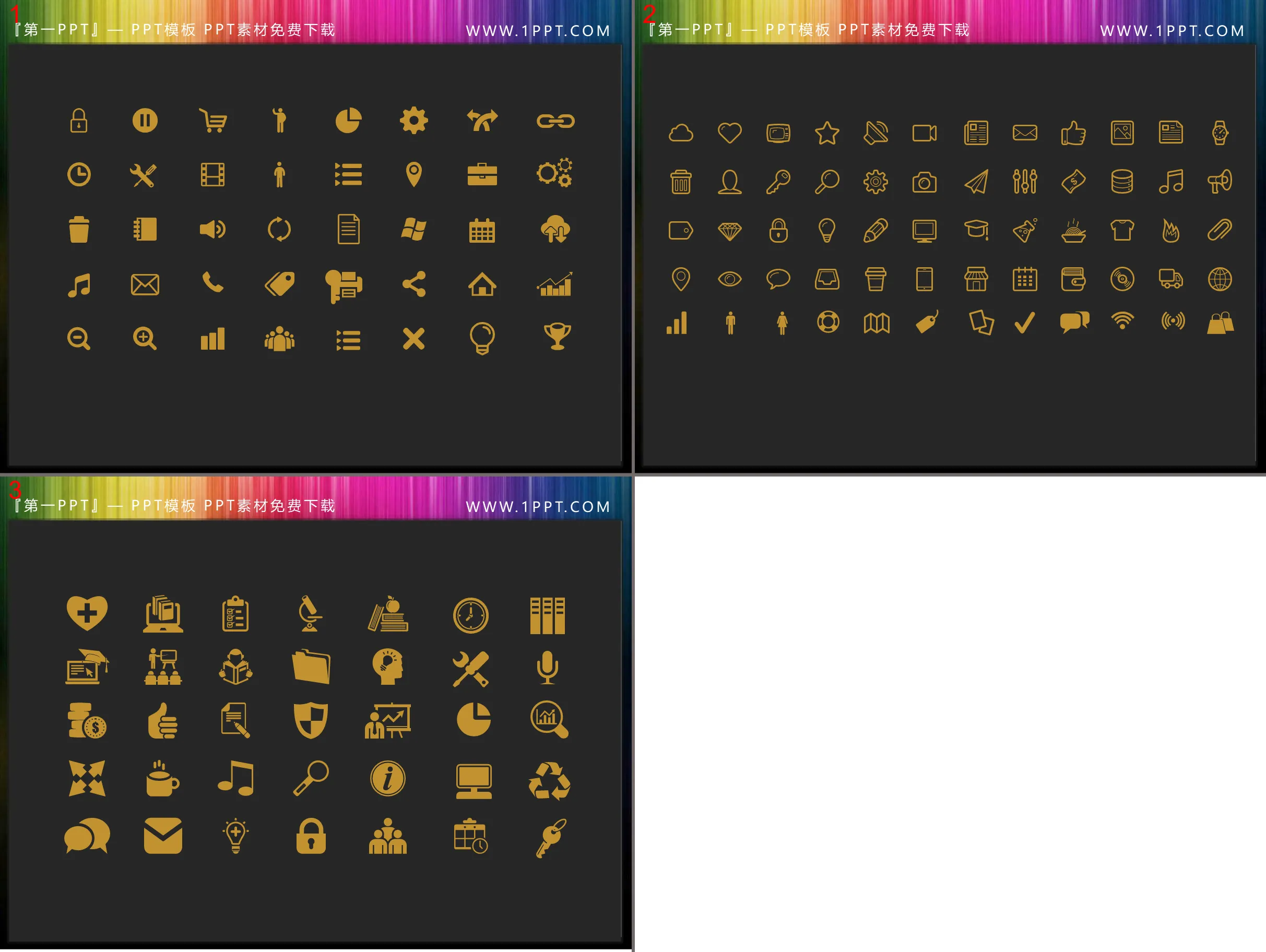 150 icônes PPT plates et dorées