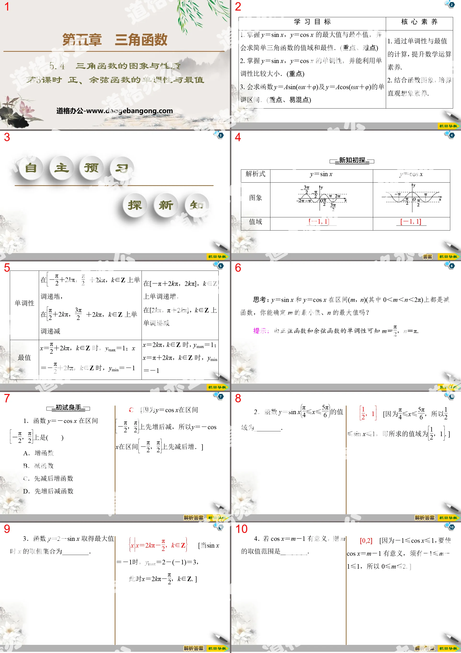 "Images and Properties of Trigonometric Functions" Trigonometric Functions PPT Courseware (Third Lesson: Monotonicity and Maximum Values ​​of Positive and Cosine Functions)