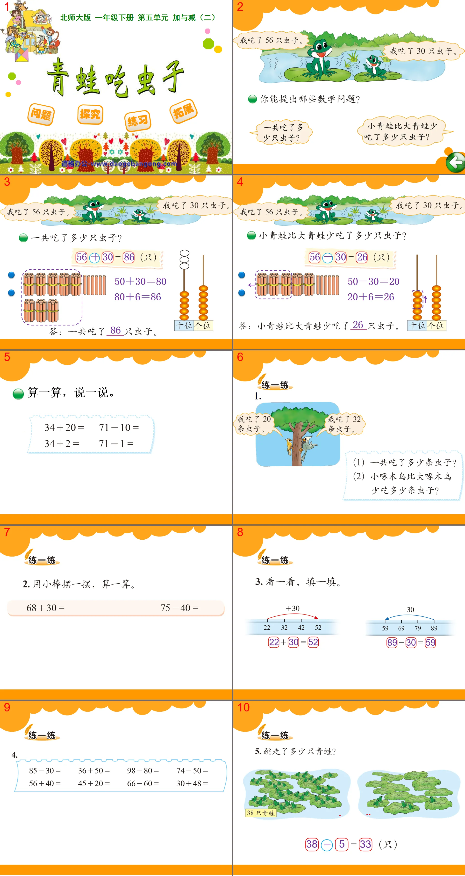 "Frog Eats Bugs" Didacticiel PPT d'addition et de soustraction