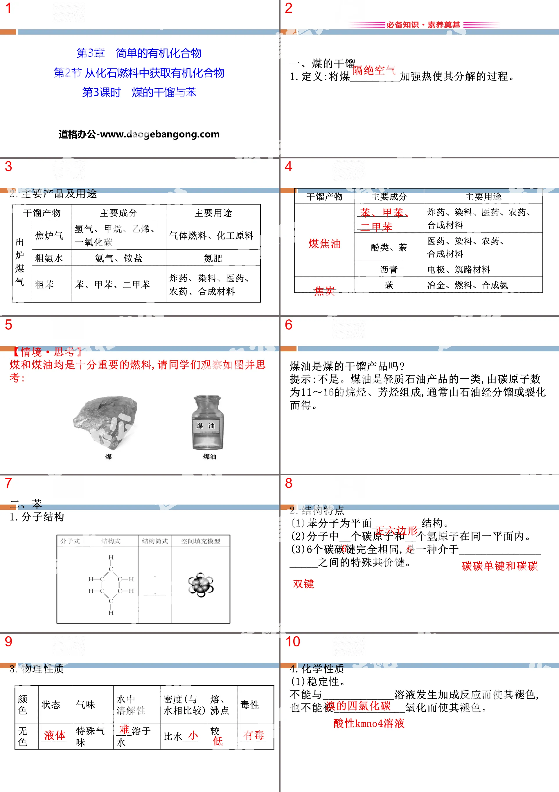 《從化石燃料中獲取有機化合物》簡單的有機化合物PPT(第3課時煤的乾餾與苯)