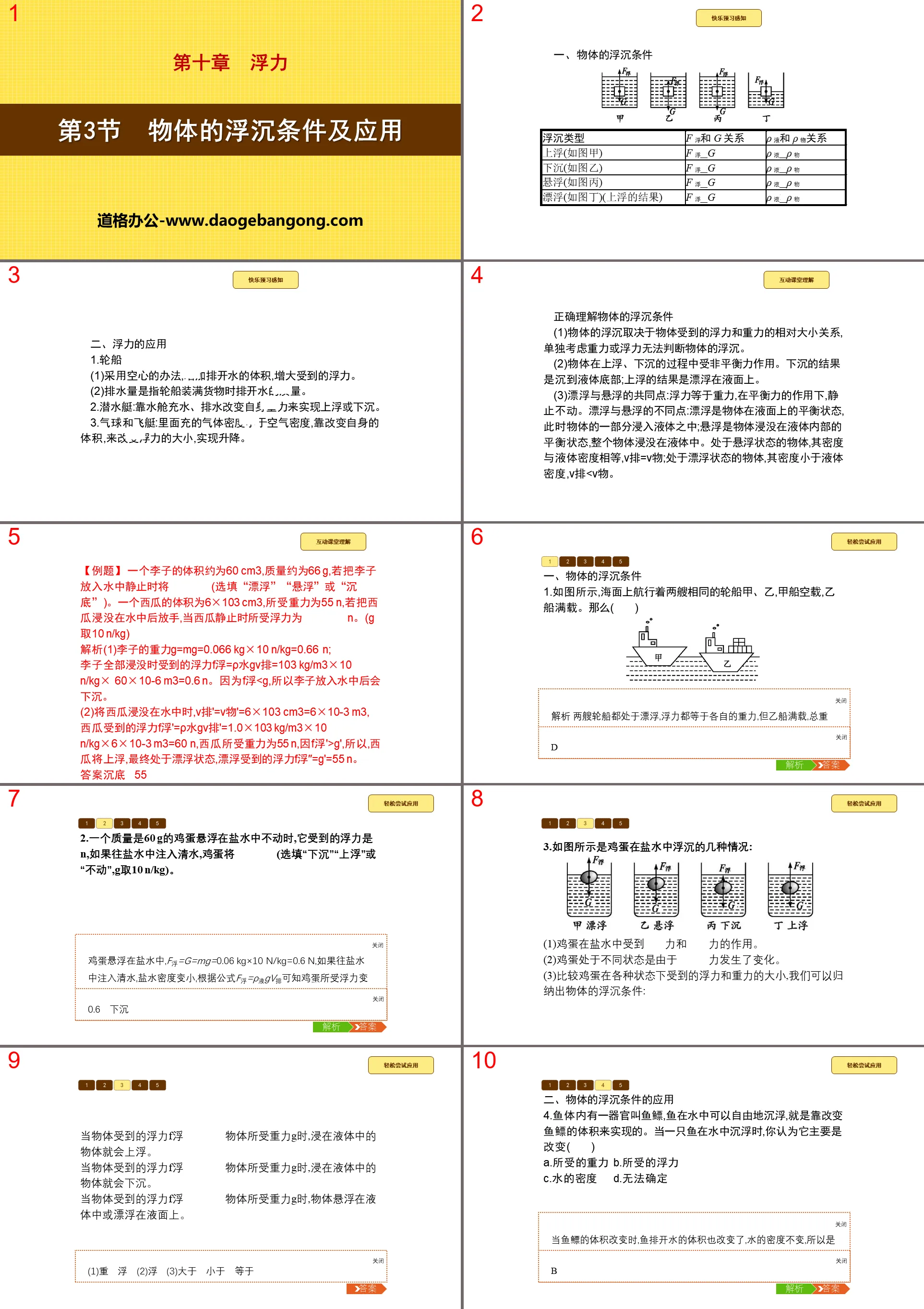 《物體的浮沉條件及應用》浮力PPT下載