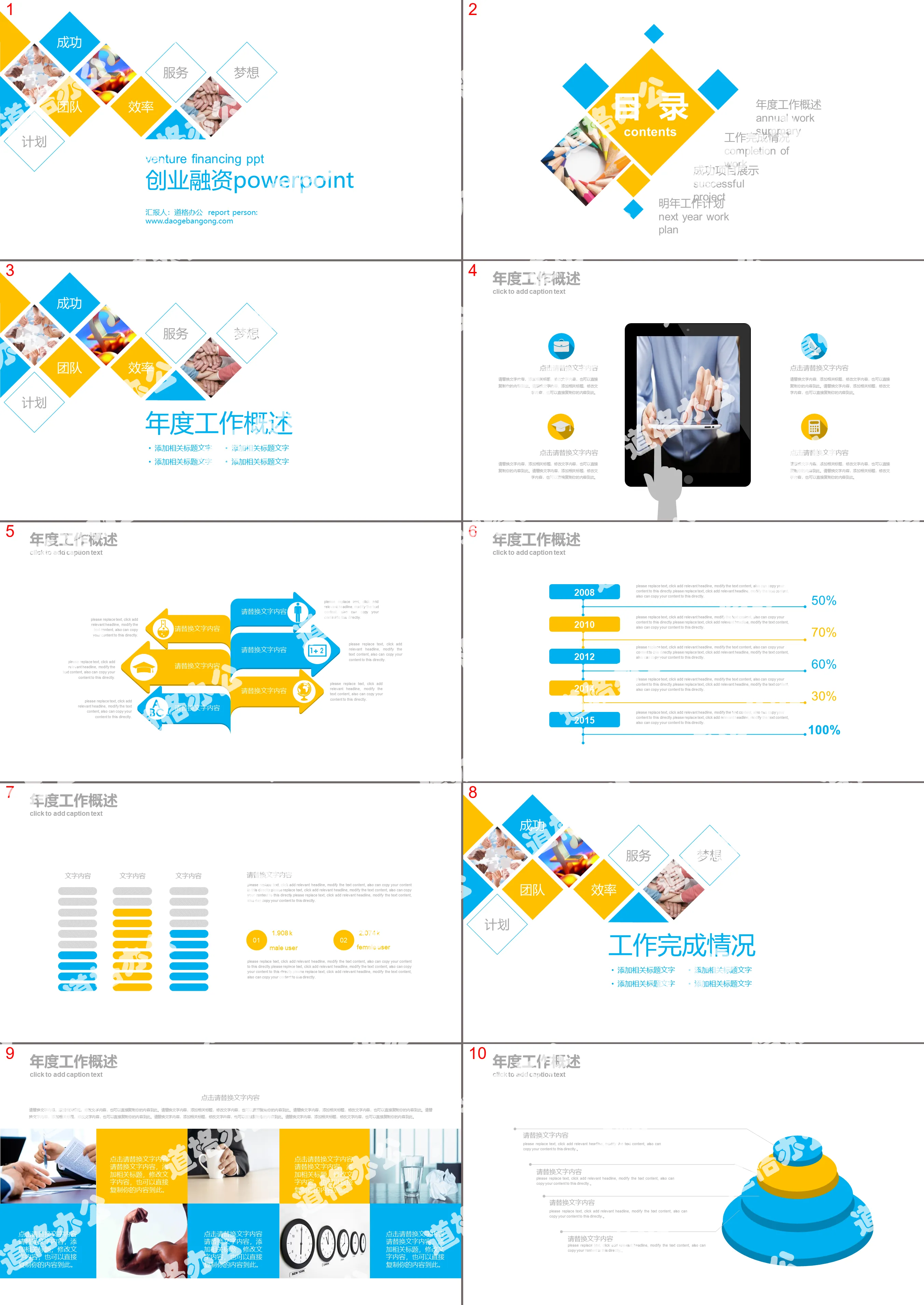 Blue and yellow polygon combination business financing plan PPT template