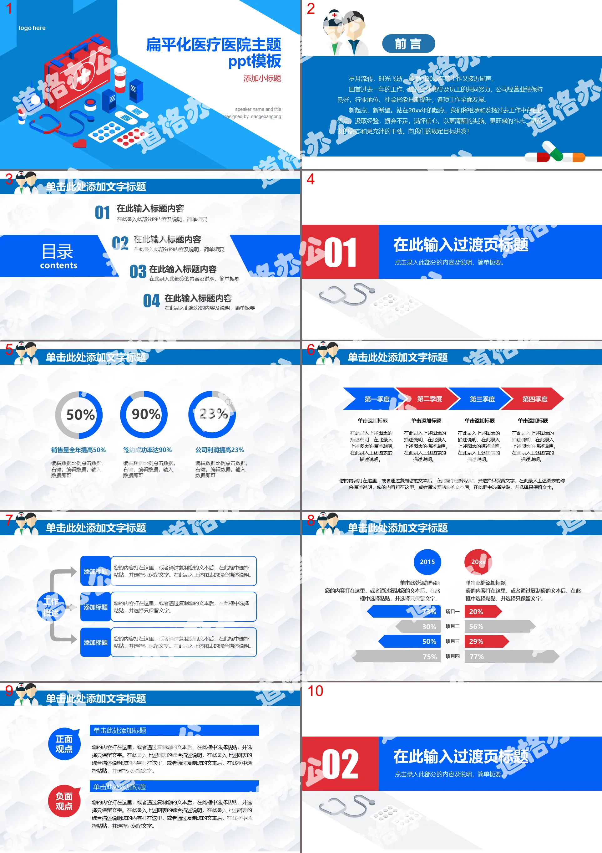 蓝红扁平化医疗医院工作总结汇报PPT模板