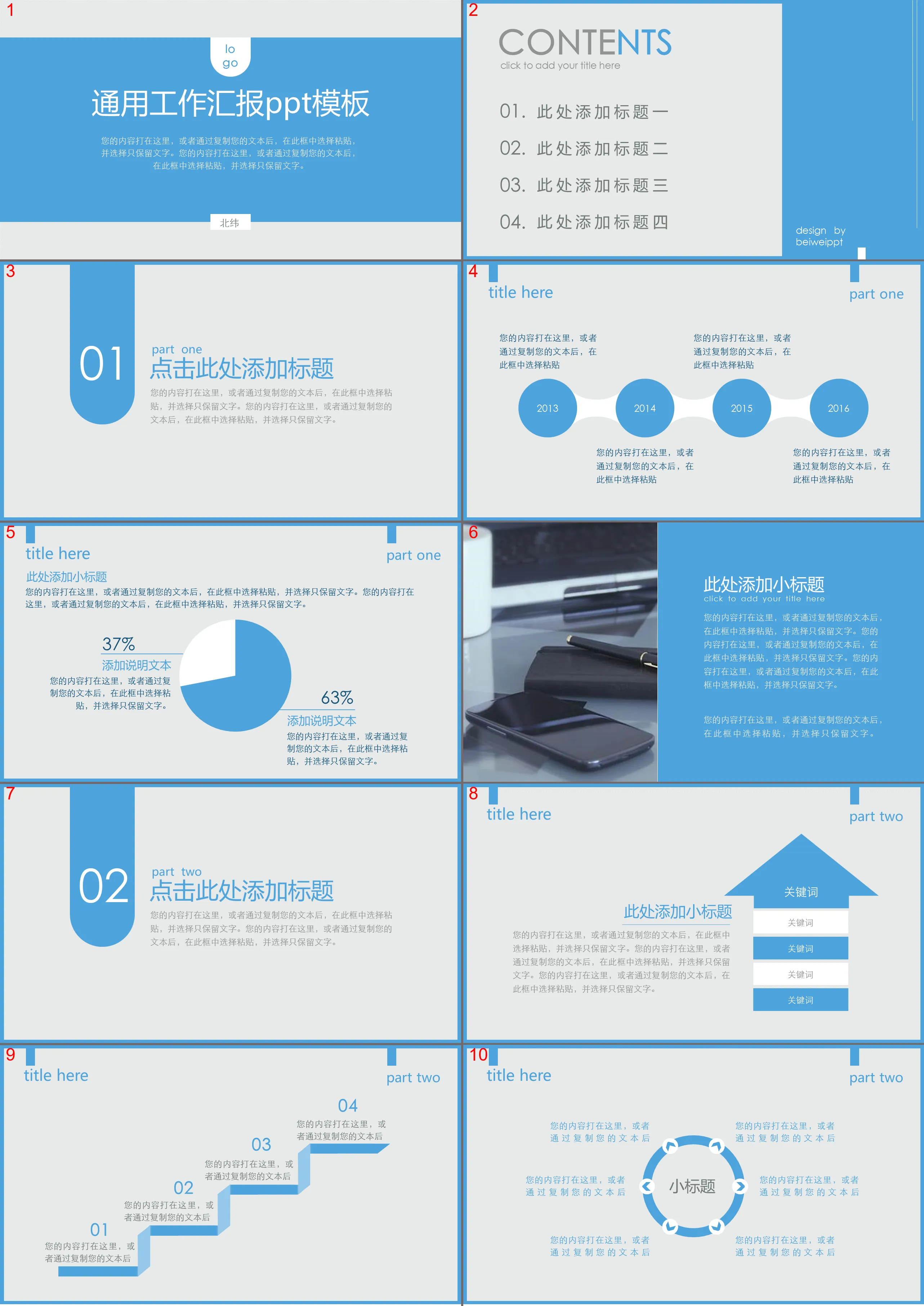 藍色簡潔圈邊設計工作匯報PPT模板