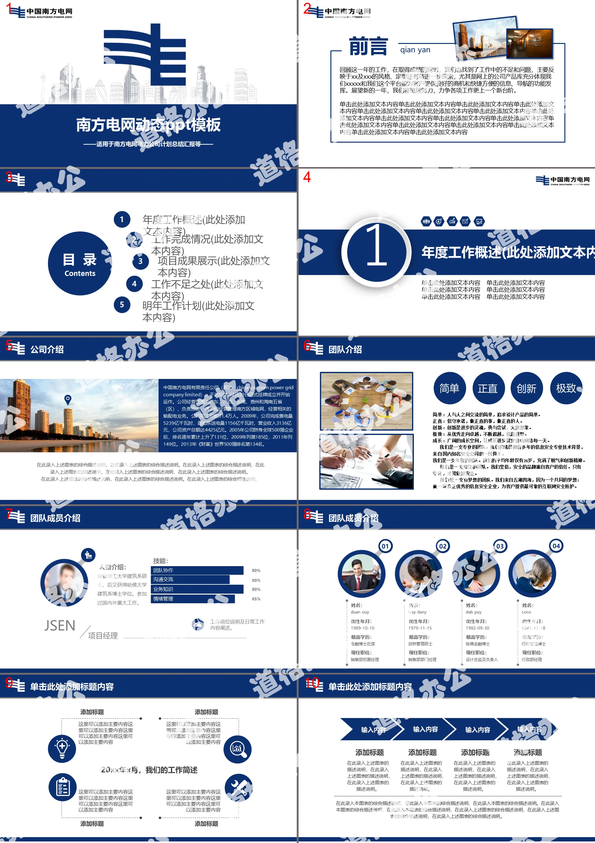 Blue flat style Southern Power Grid work report PPT template