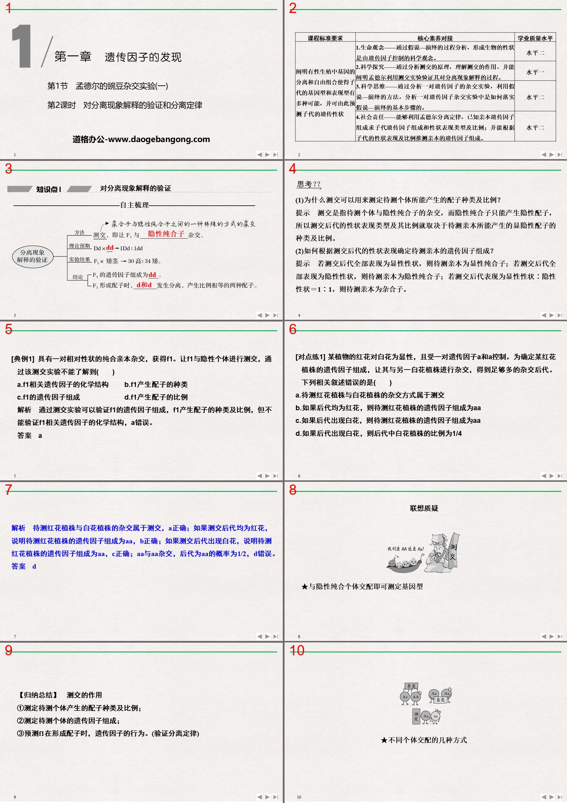 "Mendel's Pea Hybrid Experiment (1)" PPT courseware on the discovery of genetic factors (verification of the explanation of segregation phenomena and the law of segregation in the second lesson)