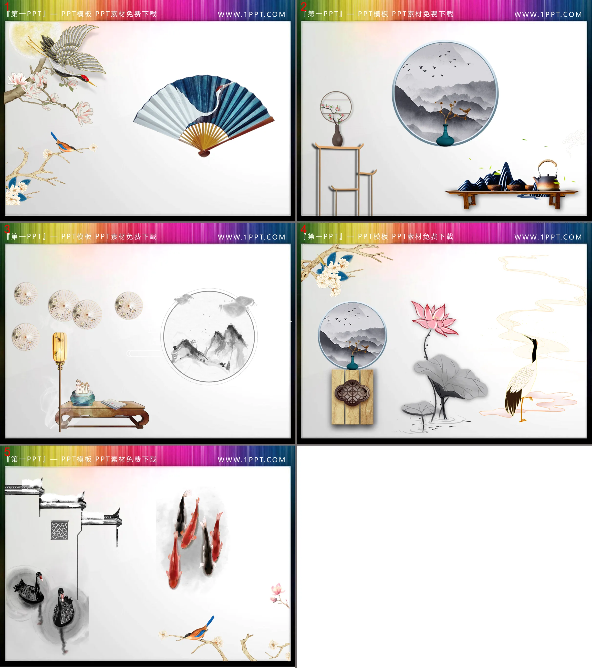 Flower and bird folding fan desk crane and other Chinese style PPT material