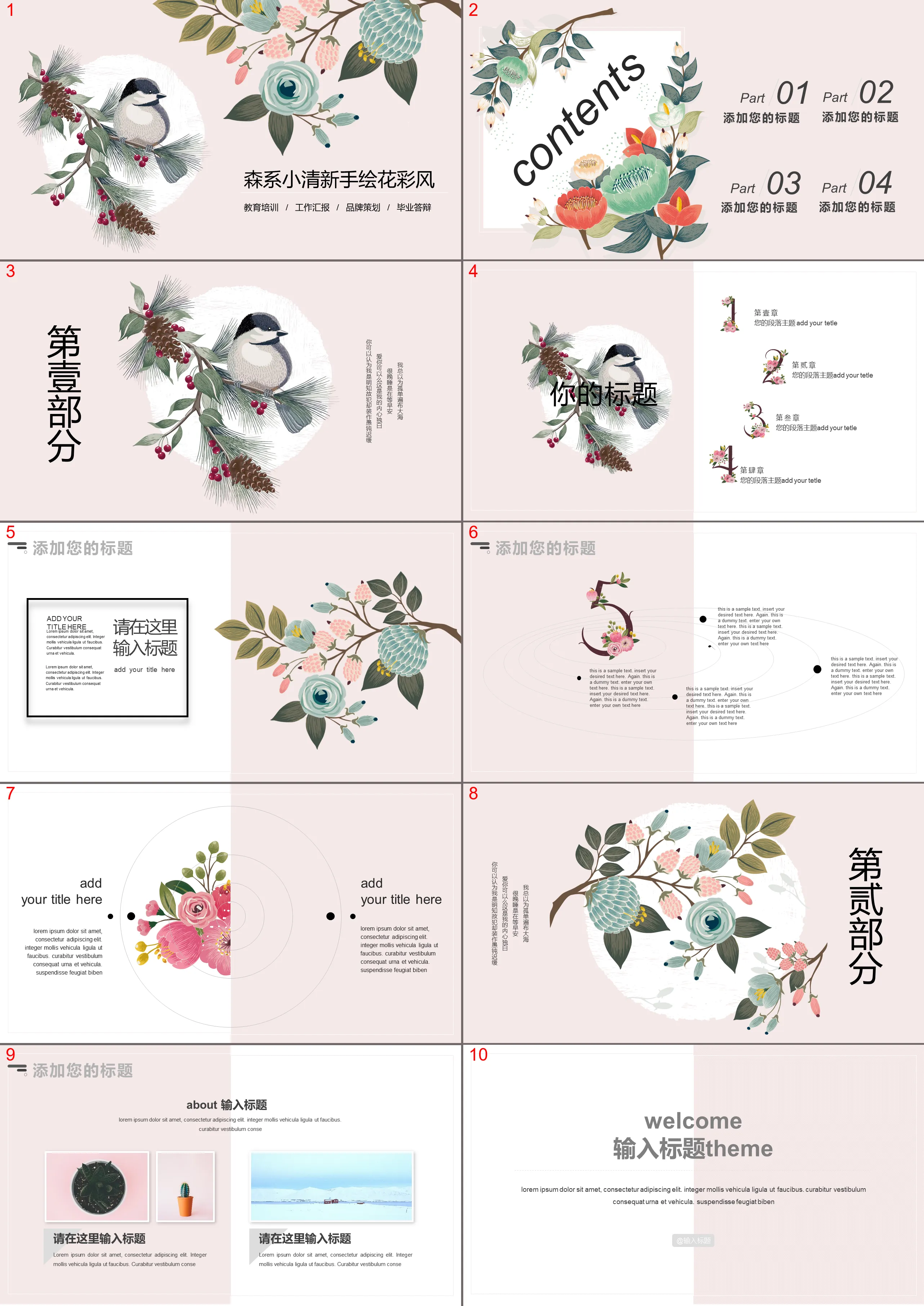 Forest watercolor hand-painted flowers and birds background PPT template download