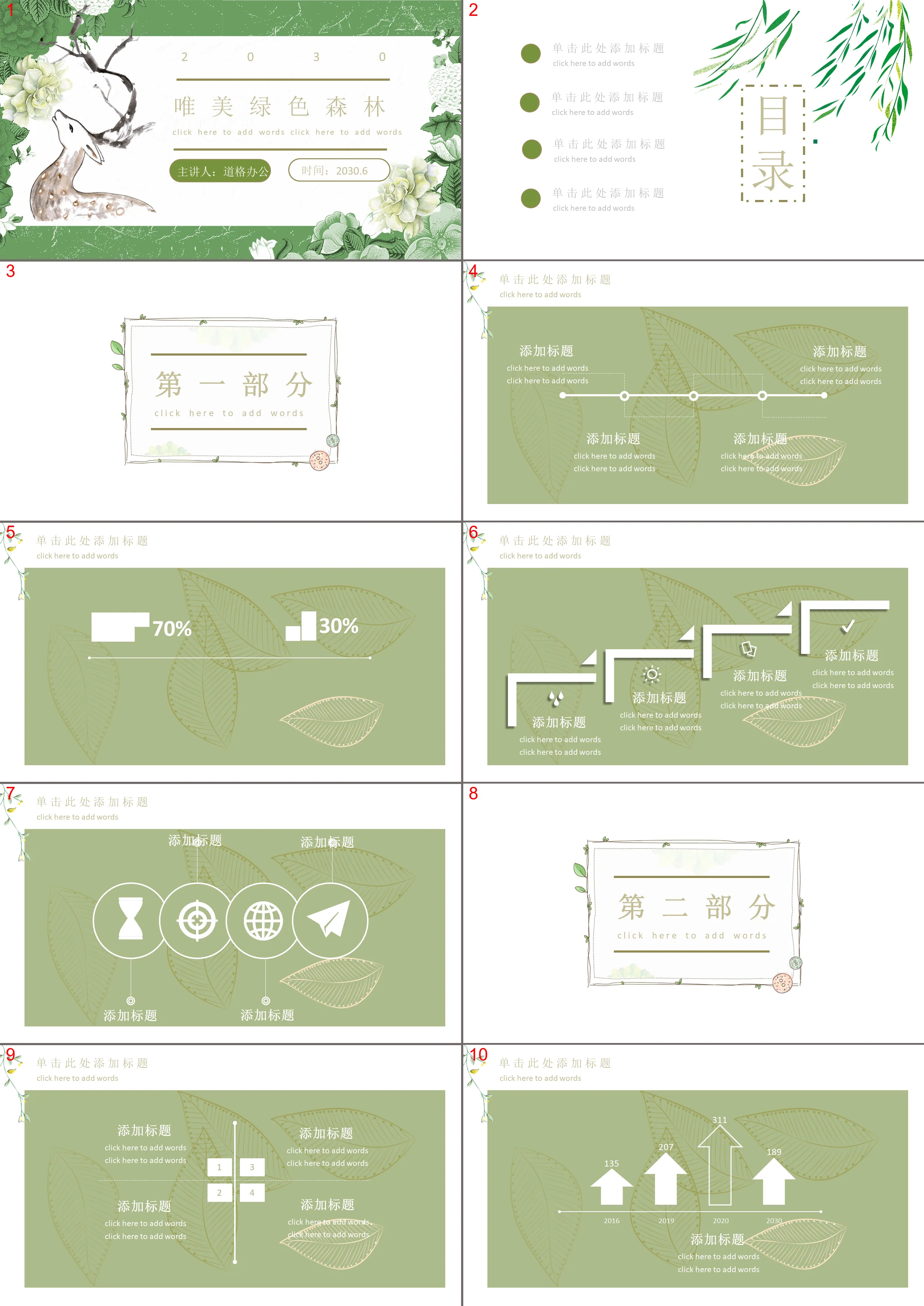 Green fresh and beautiful forest flower deer PPT template