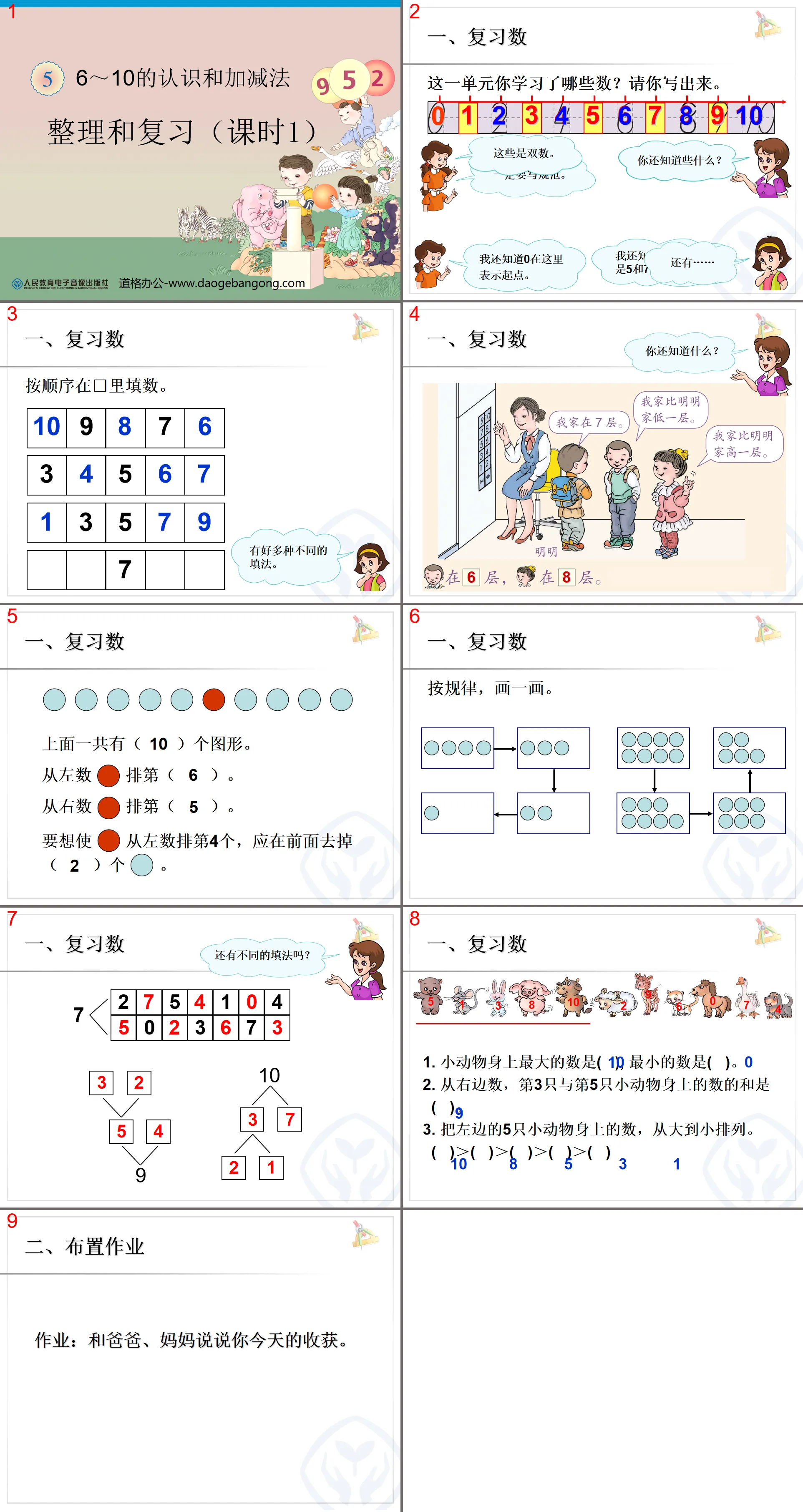 《6-10的認識與加減法》整理與複習PPT課件