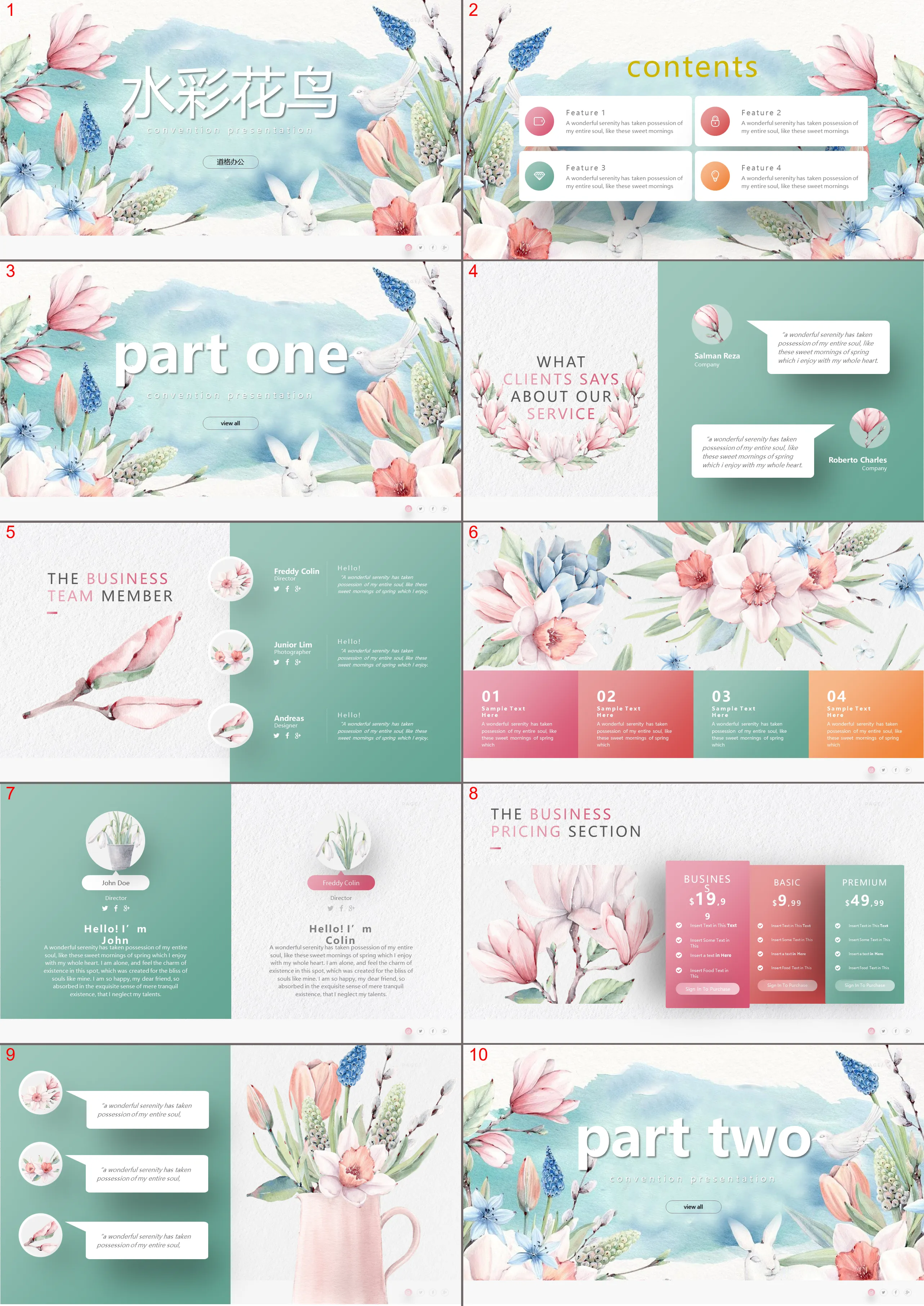 Fresh colorful watercolor flowers and birds PPT template free download