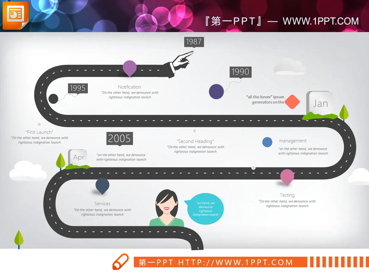 Three cartoon flat road PPT timeline