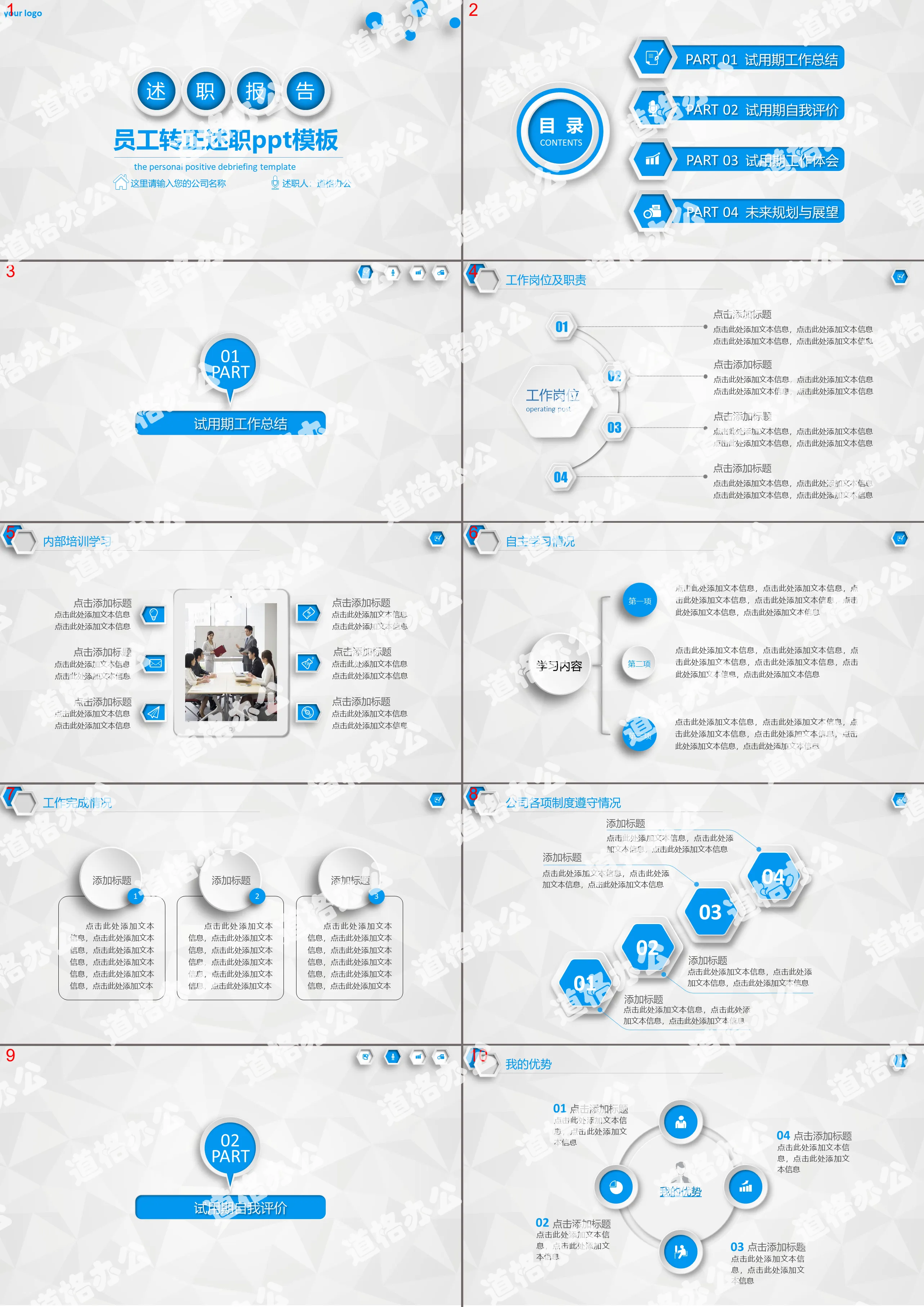 Blue practical micro three-dimensional style debriefing report PPT template