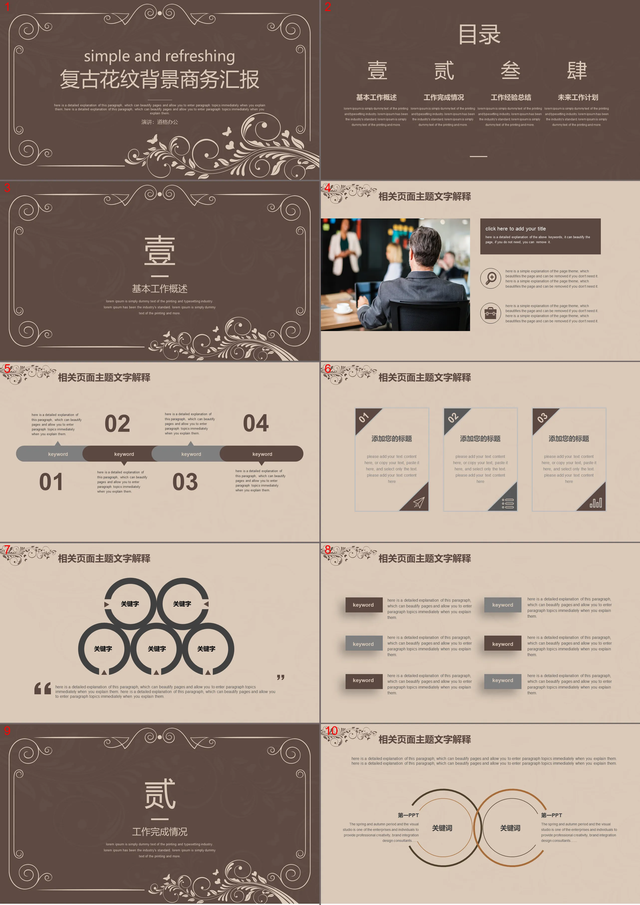 Brown retro pattern background business report PPT template download