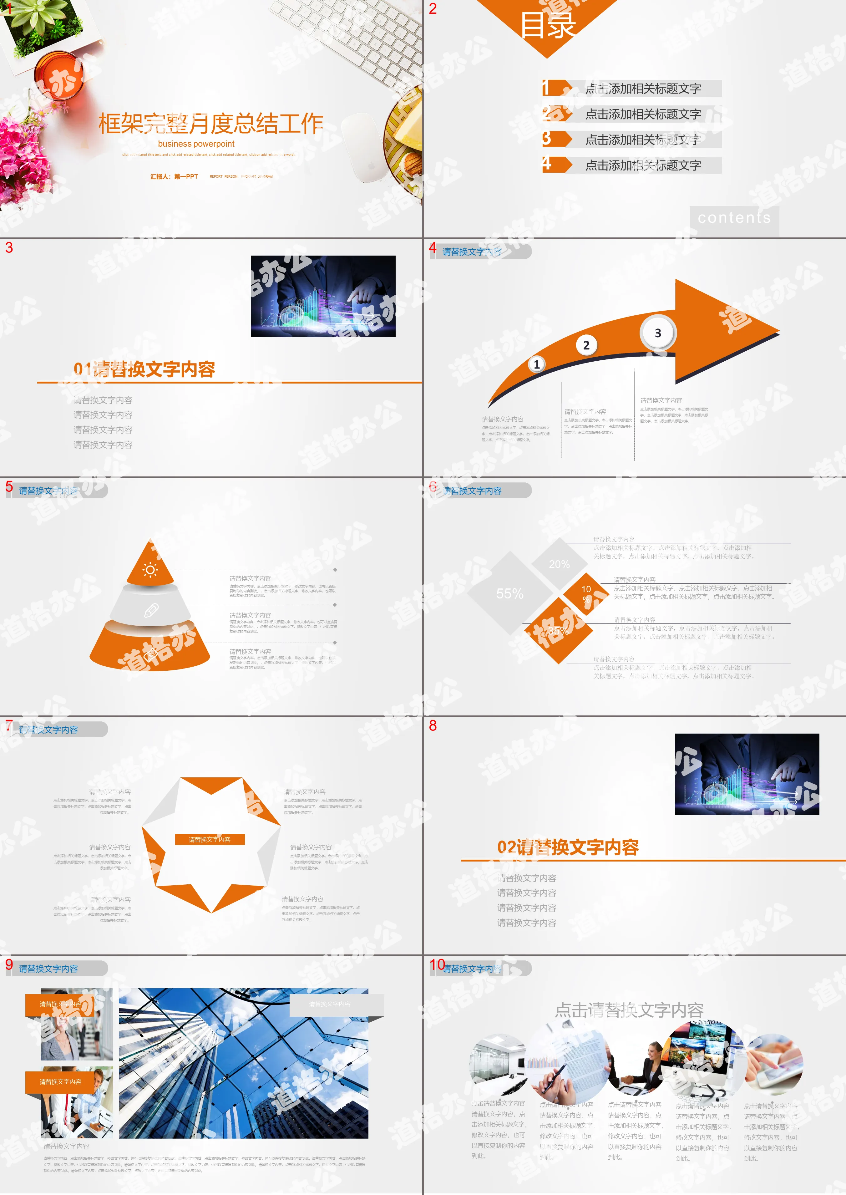 橙色清新辦公場景背景的月度工作總結PPT模板