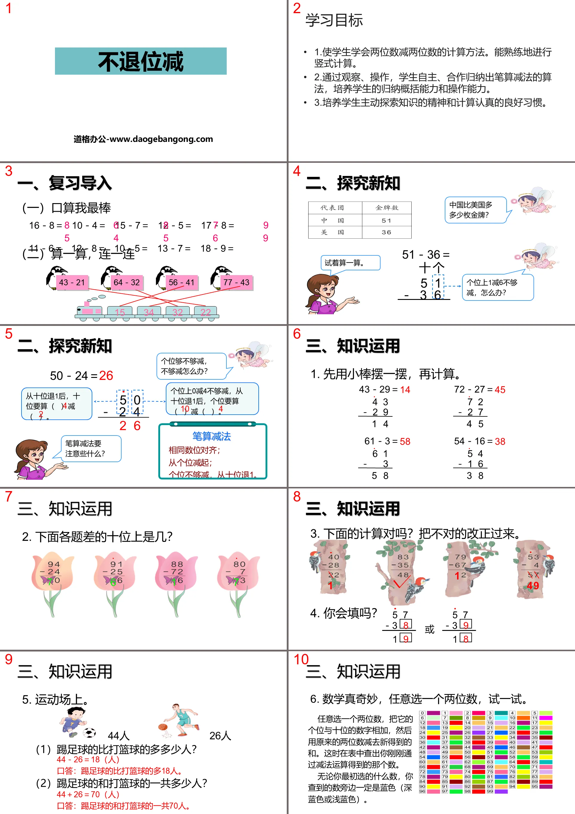 《不退位减》100以内的加法和减法PPT