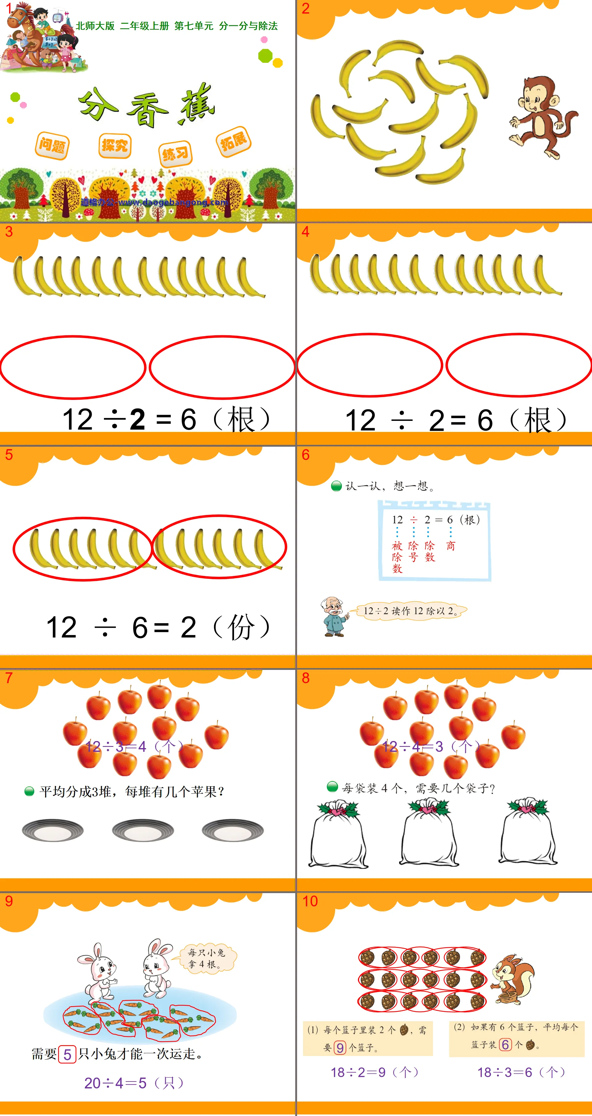 "Dividing Bananas" PPT courseware on dividing and dividing by one