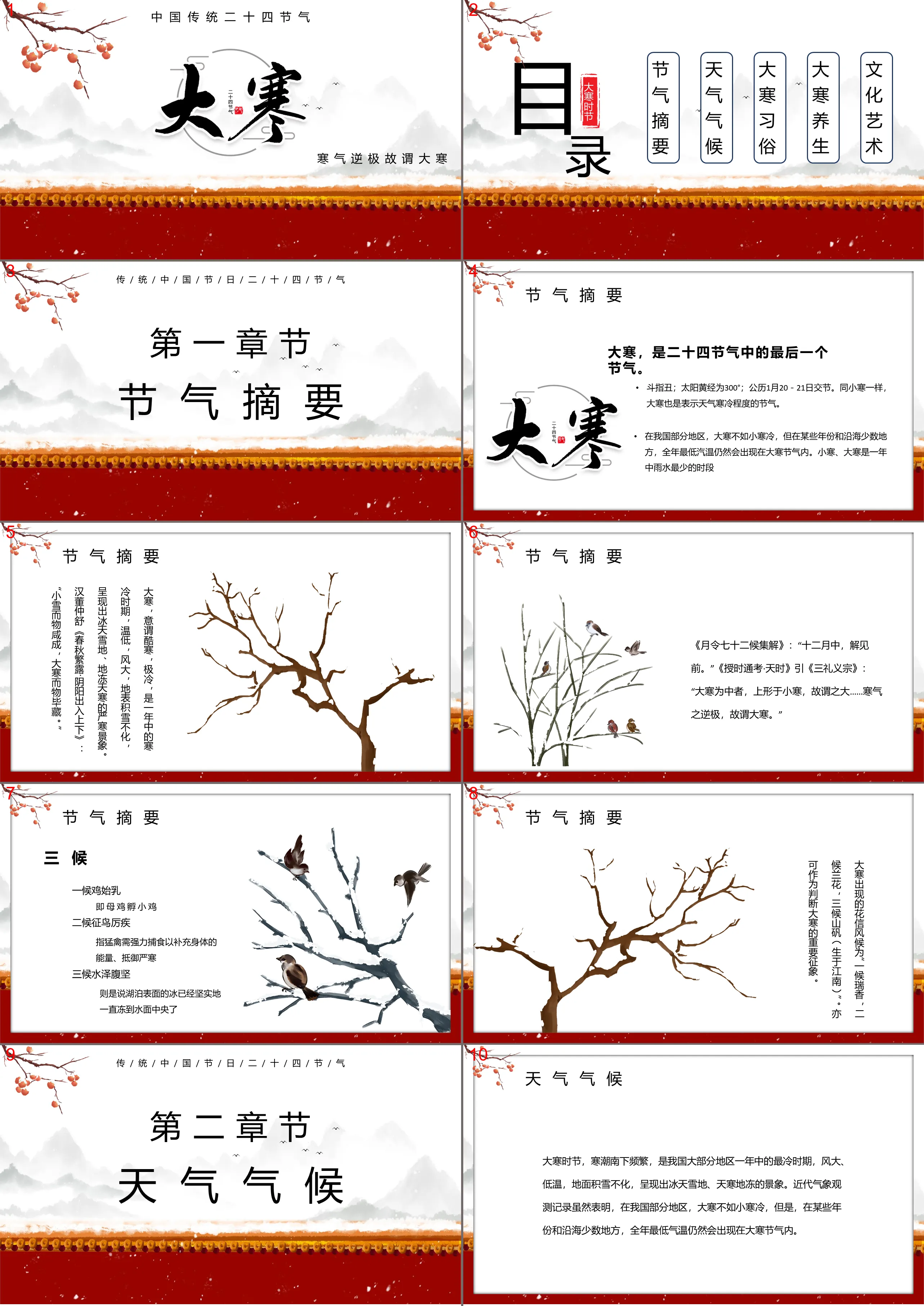 Falling snow persimmons and ancient wall background Great Cold Season Introduction PPT template