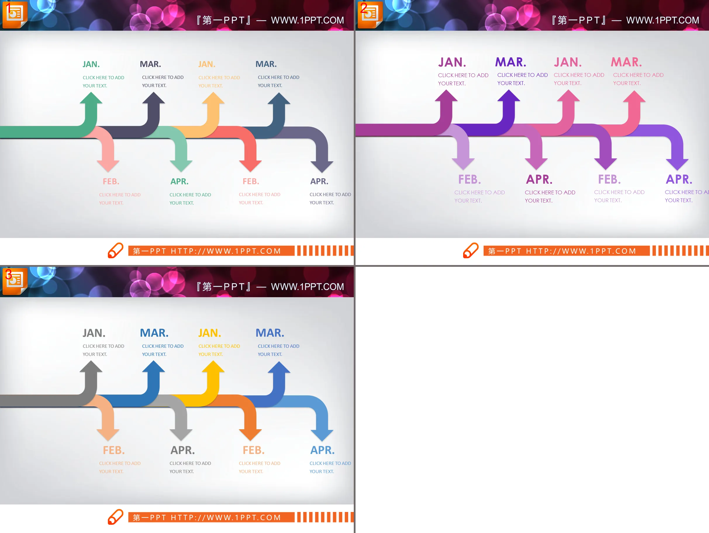 Three colored turning arrows PPT timeline