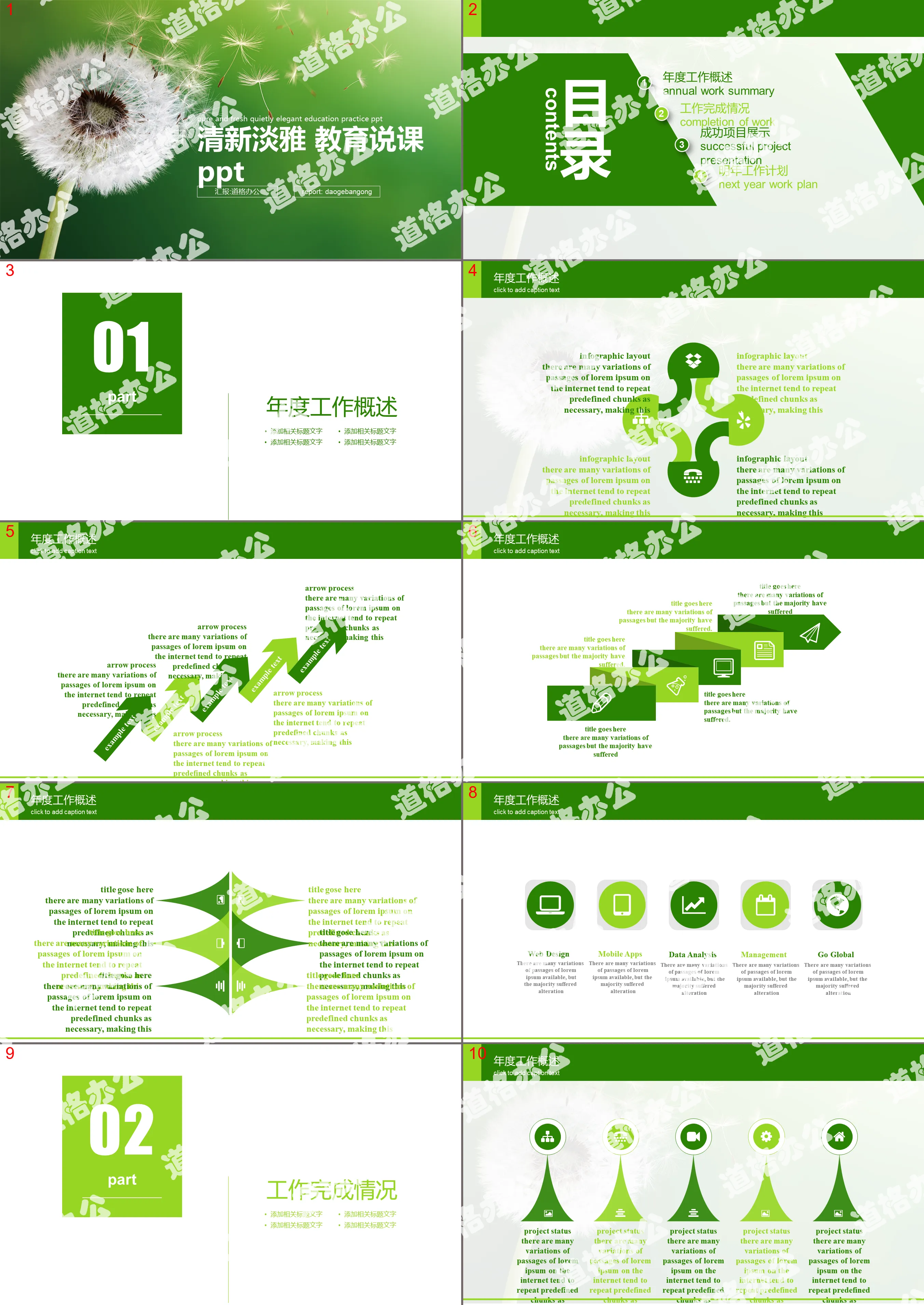 Green and fresh dandelion background teacher lecture PPT template