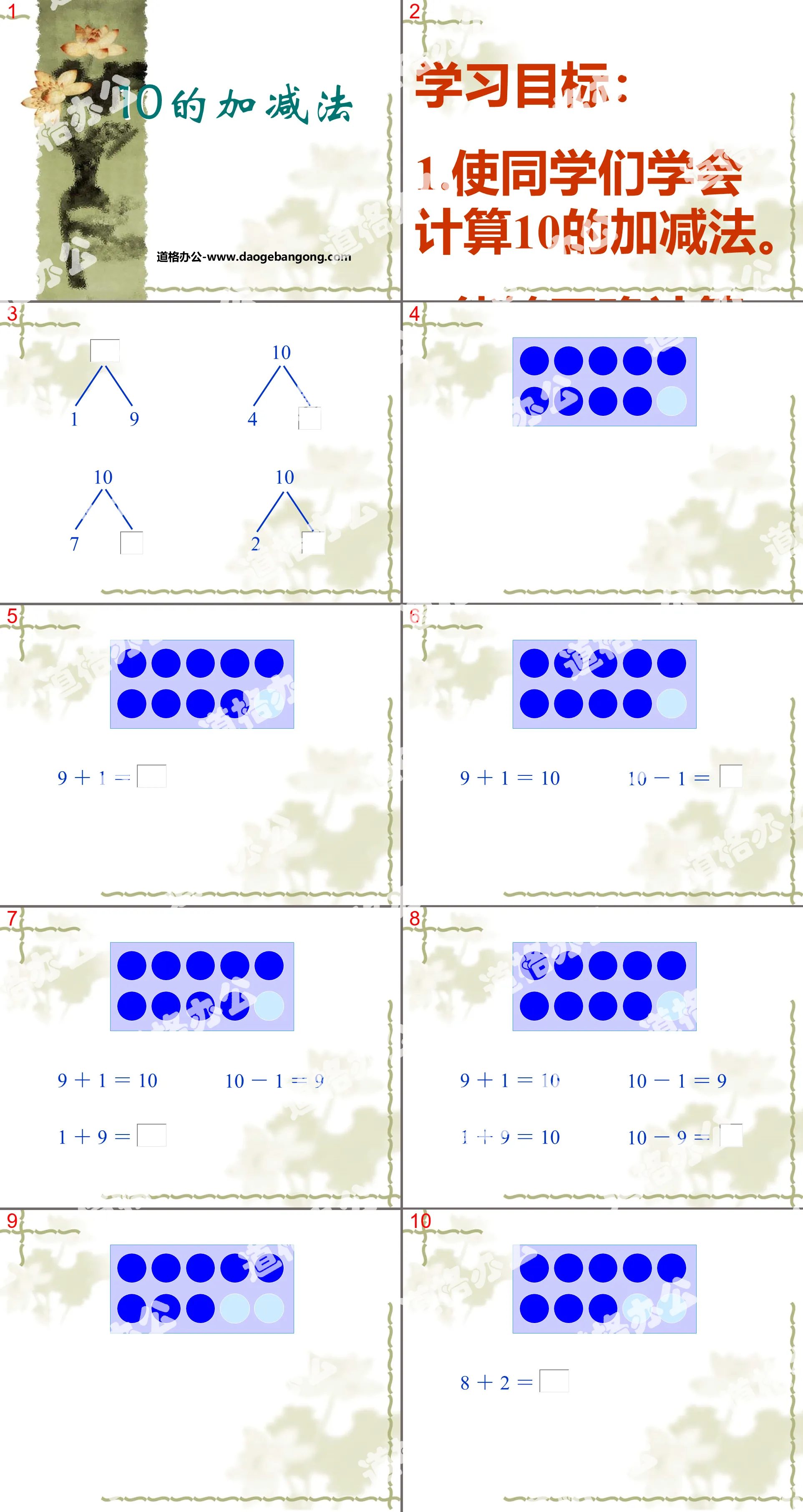 Didacticiel PPT « Addition et soustraction de 10 » pour l'addition et la soustraction dans les 10