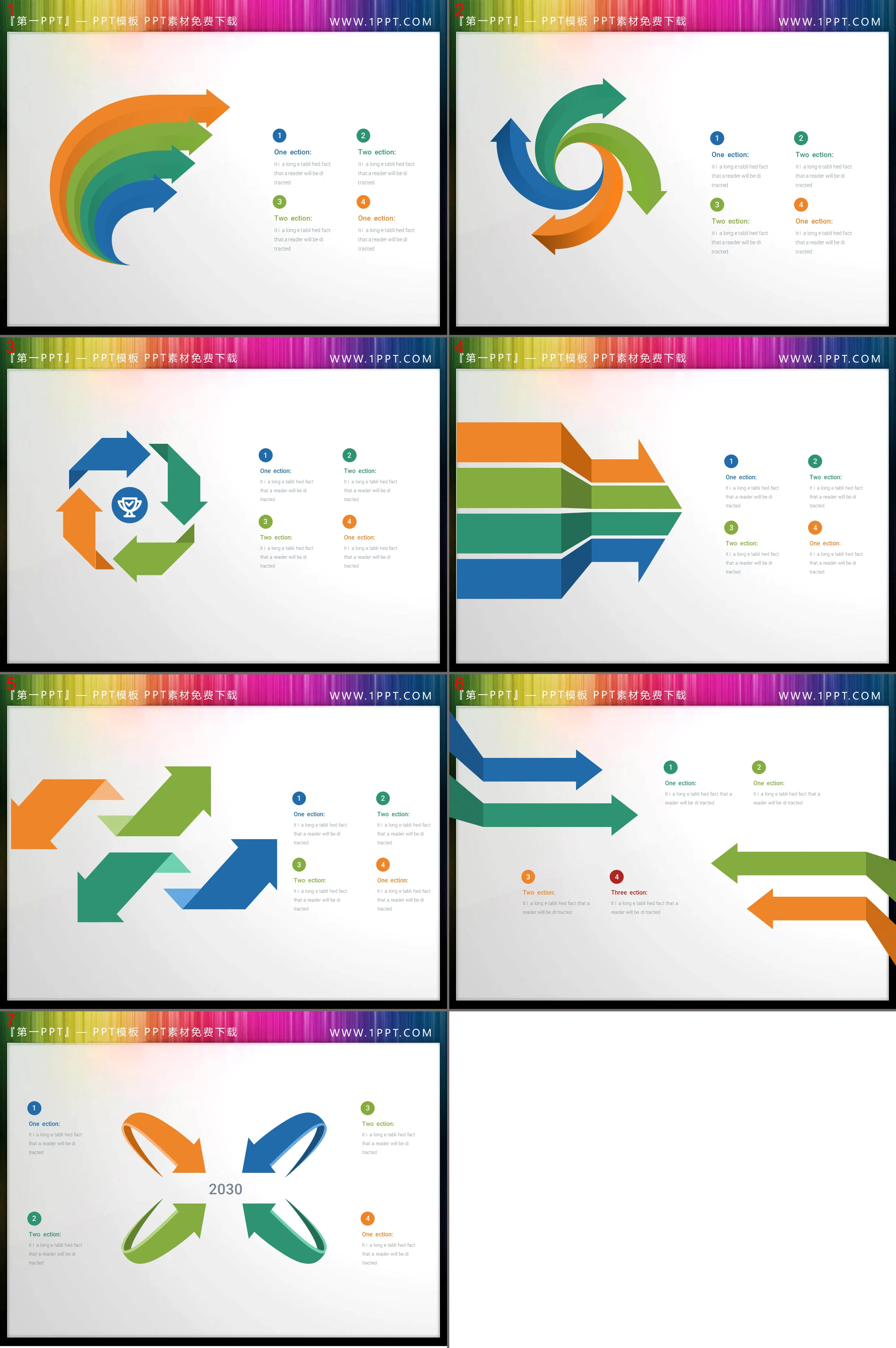 7 color flat four data item PPT arrow materials