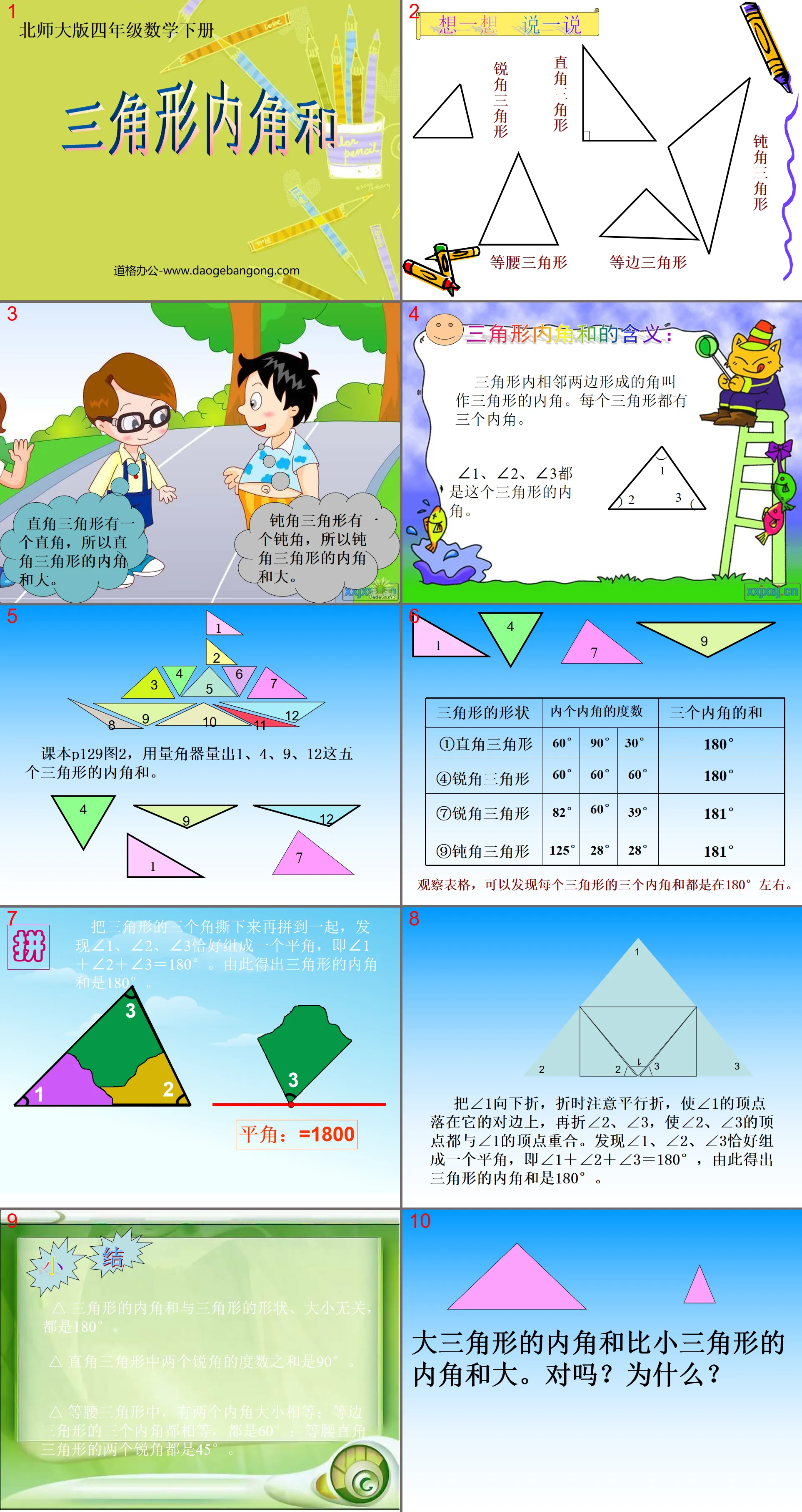 "Sum of the Interior Angles of a Triangle" PPT courseware for understanding triangles and quadrilaterals