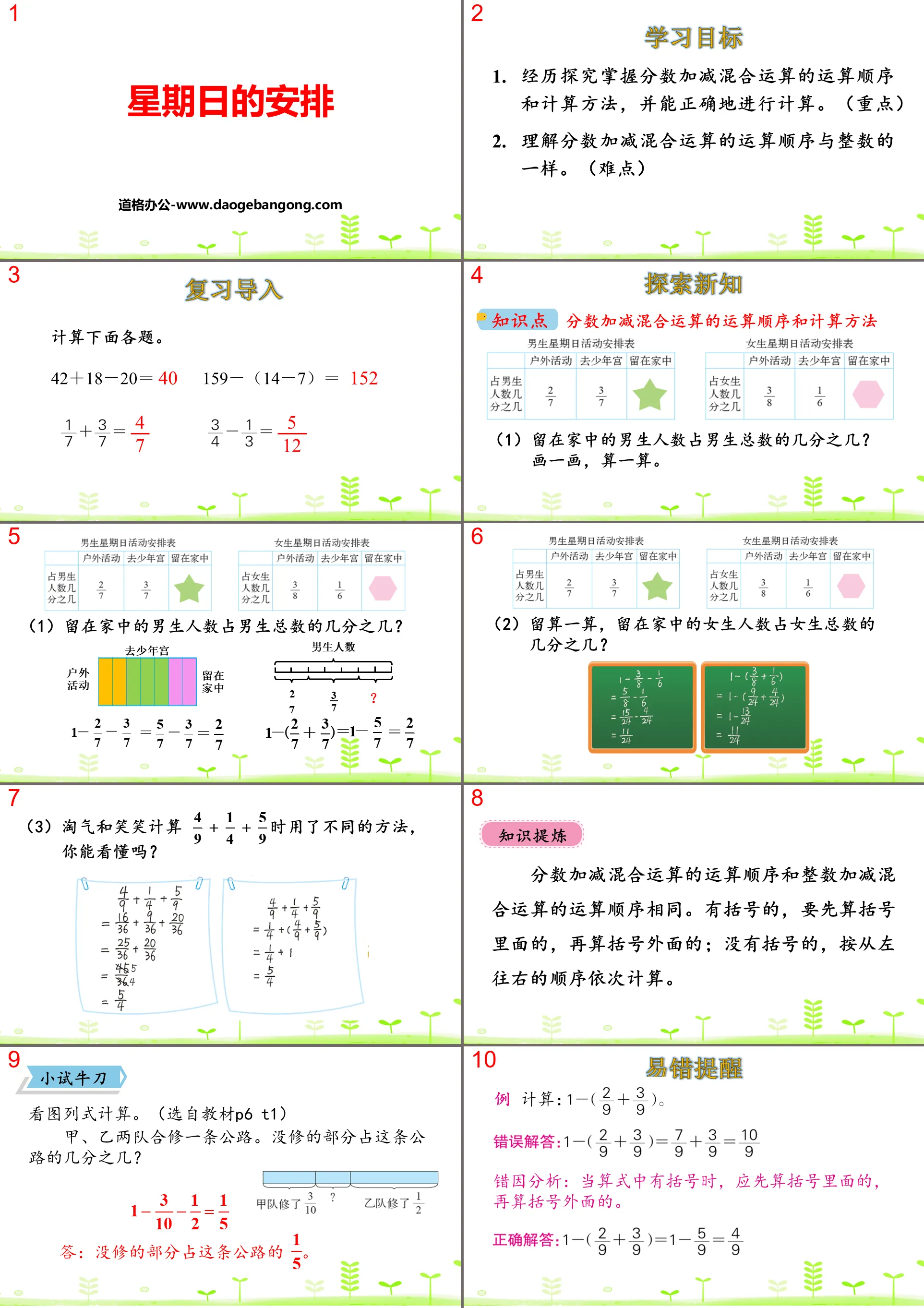 "Sunday's arrangement" fraction addition and subtraction PPT download