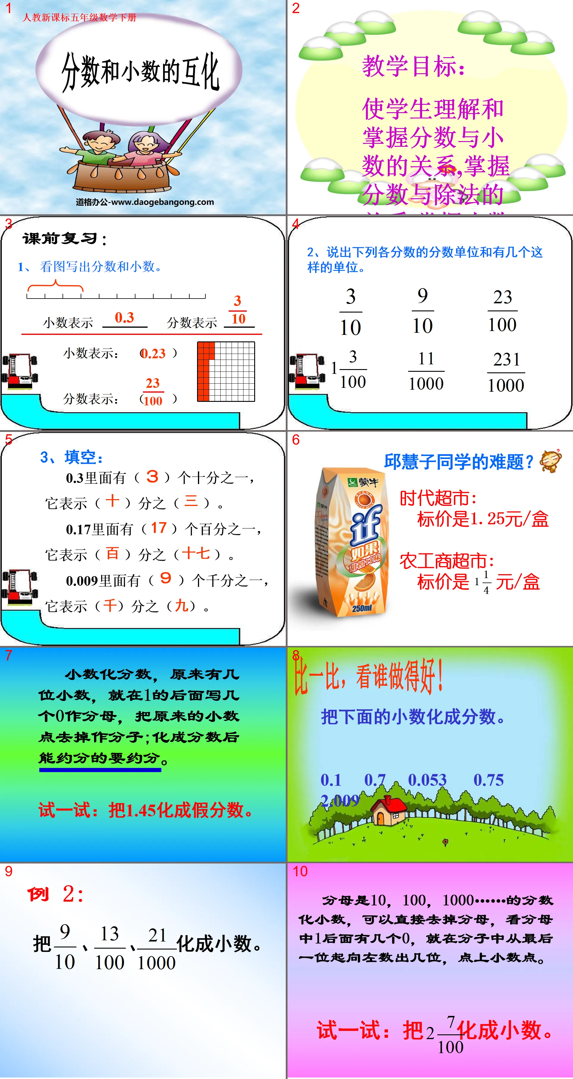 "Interconversion of Fractions and Decimals" PPT courseware on the meaning and properties of fractions