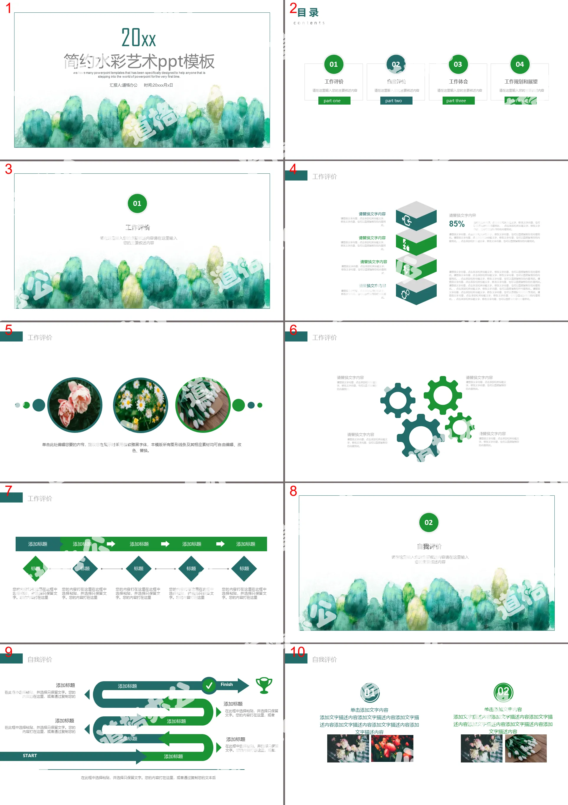 Green simple watercolor woods art design PPT template