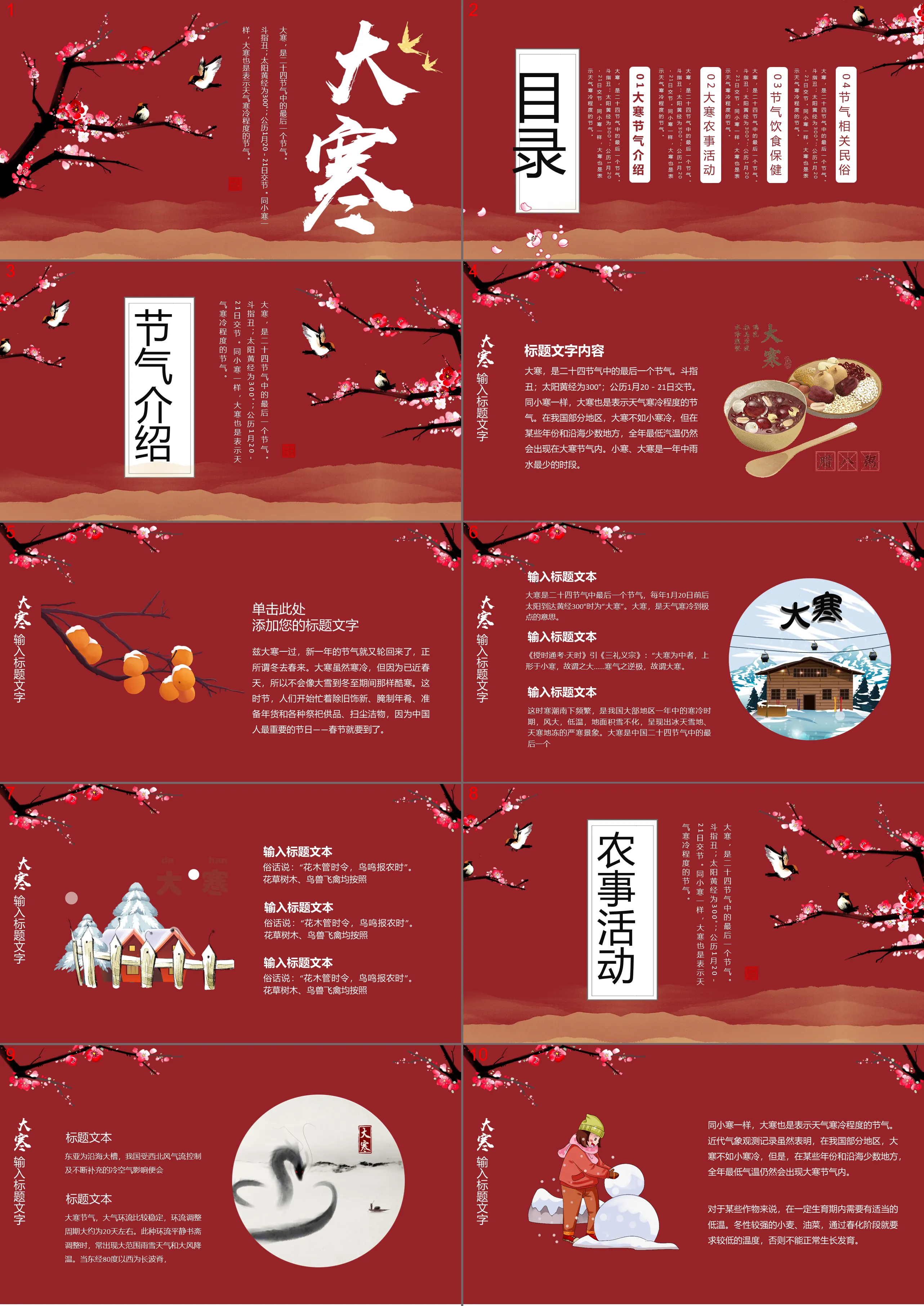 Red plum blossoms and flying birds background Great Cold Season PPT template